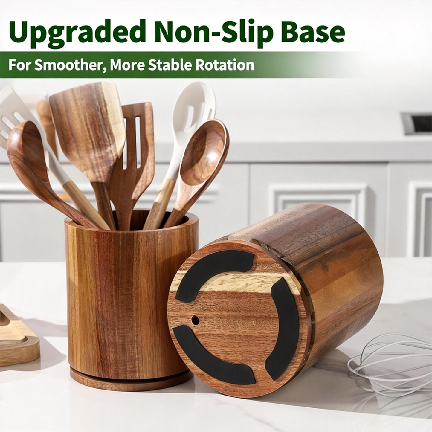 gorsent Wooden Utensil Holder, 360°Rotating 7.3'' Large Utensil Holder for Kitchen Counter, Kitchen Utensil Organizer, Utensil Crock, Farmhouse Kitchens Countertop Decor, Acacia Wood