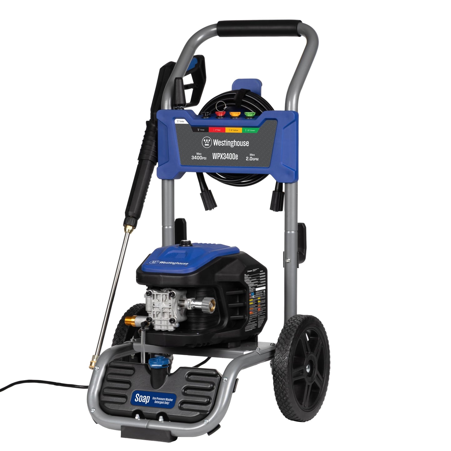 Westinghouse WPX3400e Electric Pressure Washer, 3400 Max PSI and 2.0 Max GPM, Brushless Motor, Onboard Soap Tank, Spray Gun and Wand, 5 Nozzle Set, for Cars/Fences/Driveways/Homes/Patios/Furniture