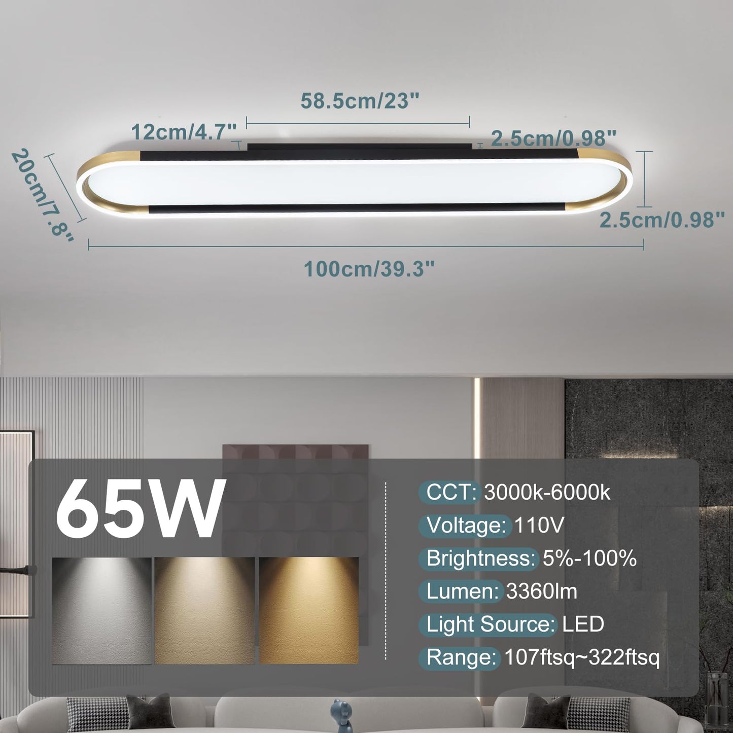 ADISUN Modern LED Ceiling Light Dimmable Linear Ceiling Light 39.4in Semi Flush Mount Long Lights with Remote Control and Down Lighting for Living Room Kitchen Dining Room Black & Gold