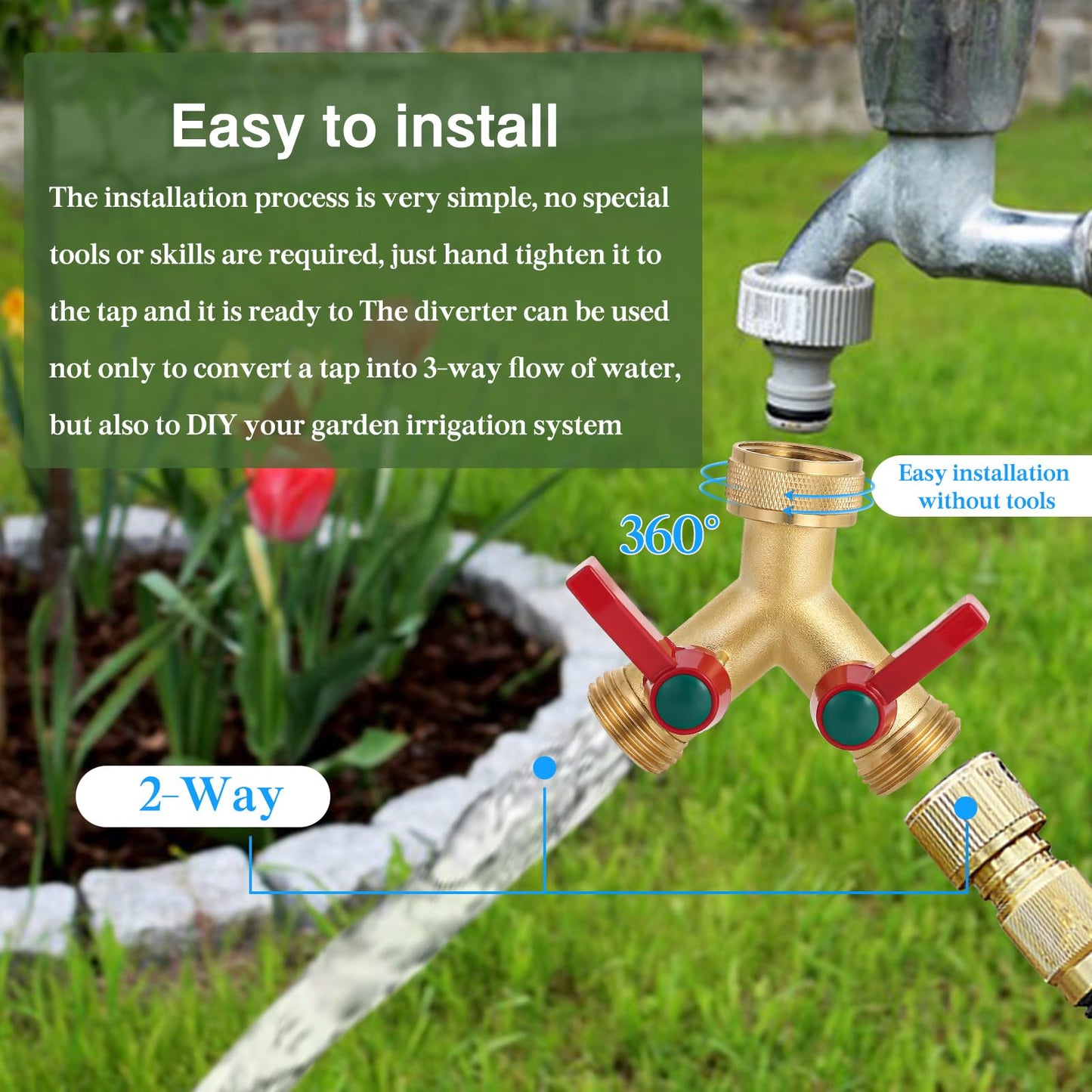 Brass Garden Hose Splitter, 2/3 Way Heavy Duty Outdoor Hose Splitter, 3/4" Hose Y Faucet Splitter with Leak Proof Tape and 2 Extra Rubber Gaskets for Regulating and Shutting Off Water Flow (2 WAY)