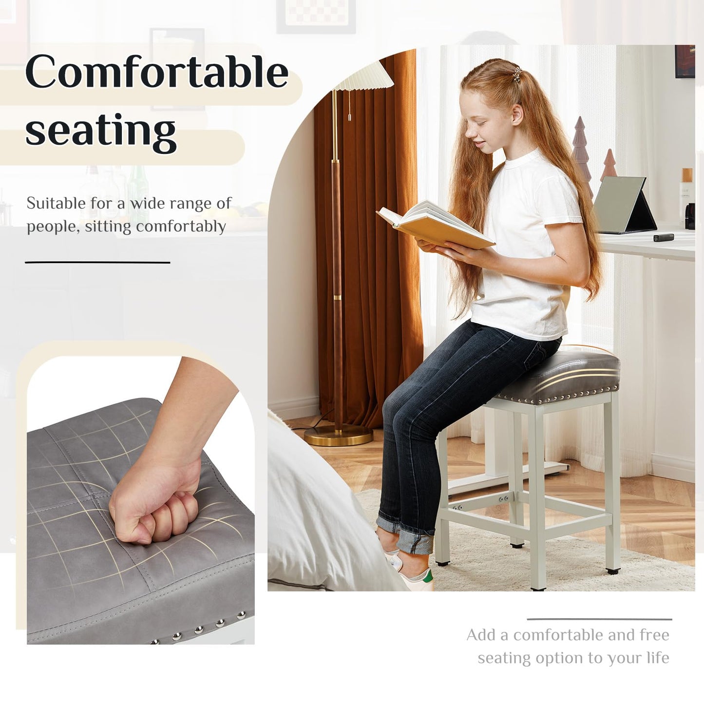 Sweetcrispy 24 inch Bar Stools Set of 2, Upholstered Modern Counter Height Bar Stools for Kitchen Island Modern PU Leather Sadless Stools Chair with Metal Base and Footrest, Grey