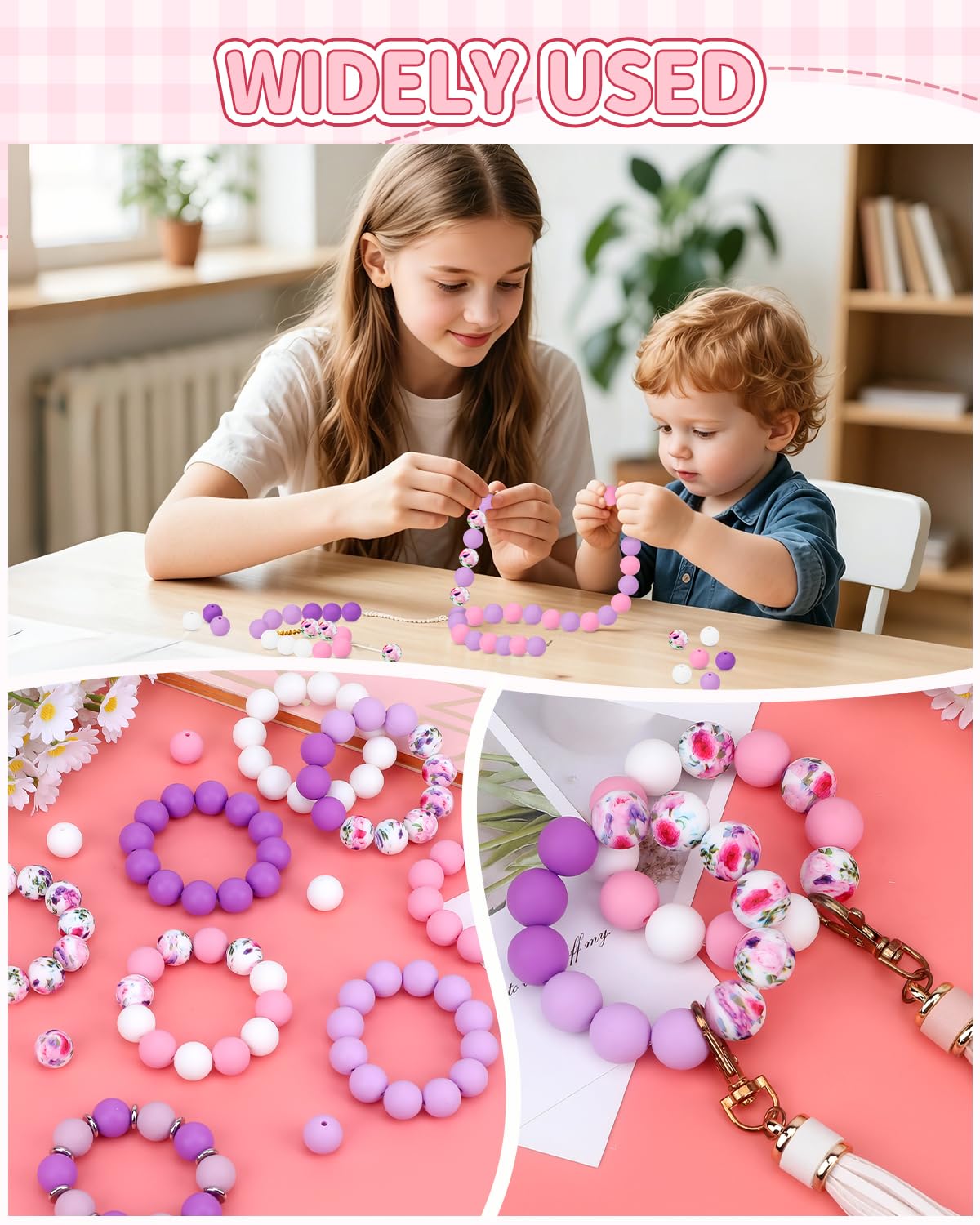 SALUOKE 100 Pcs 15mm Silicone Beads for Keychain Making, Purple White Silicone Beads Bulk Round for Bracelets Pens Crafts Jewelry Making (Purple White)