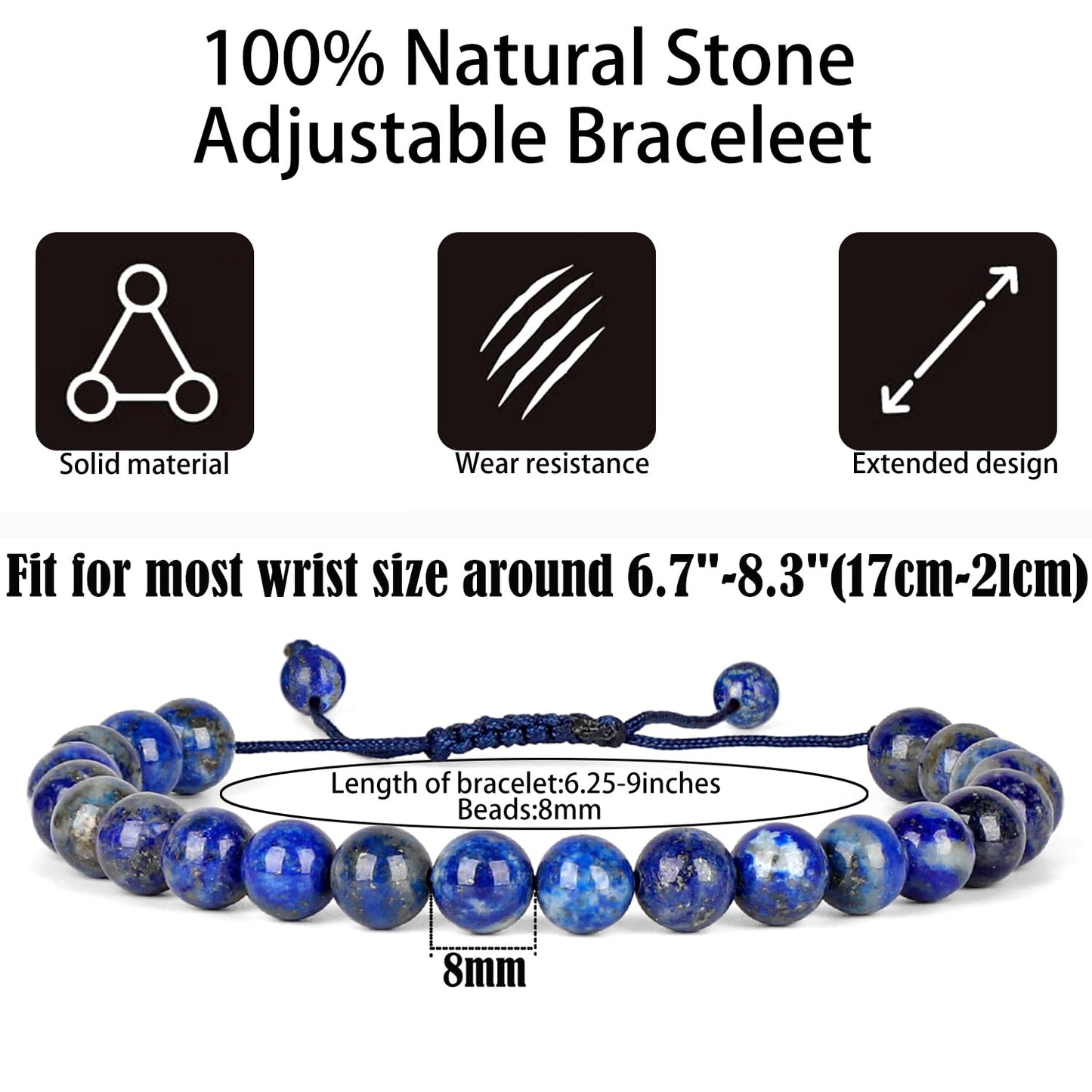 QOGIR Handmade Healing Bracelets for Women,8mm Natural Lapis Lazuli Gem Stone Beads Bracelet,for Men Women Gifts with 2PCS Size Adjustable Rope Bracelets