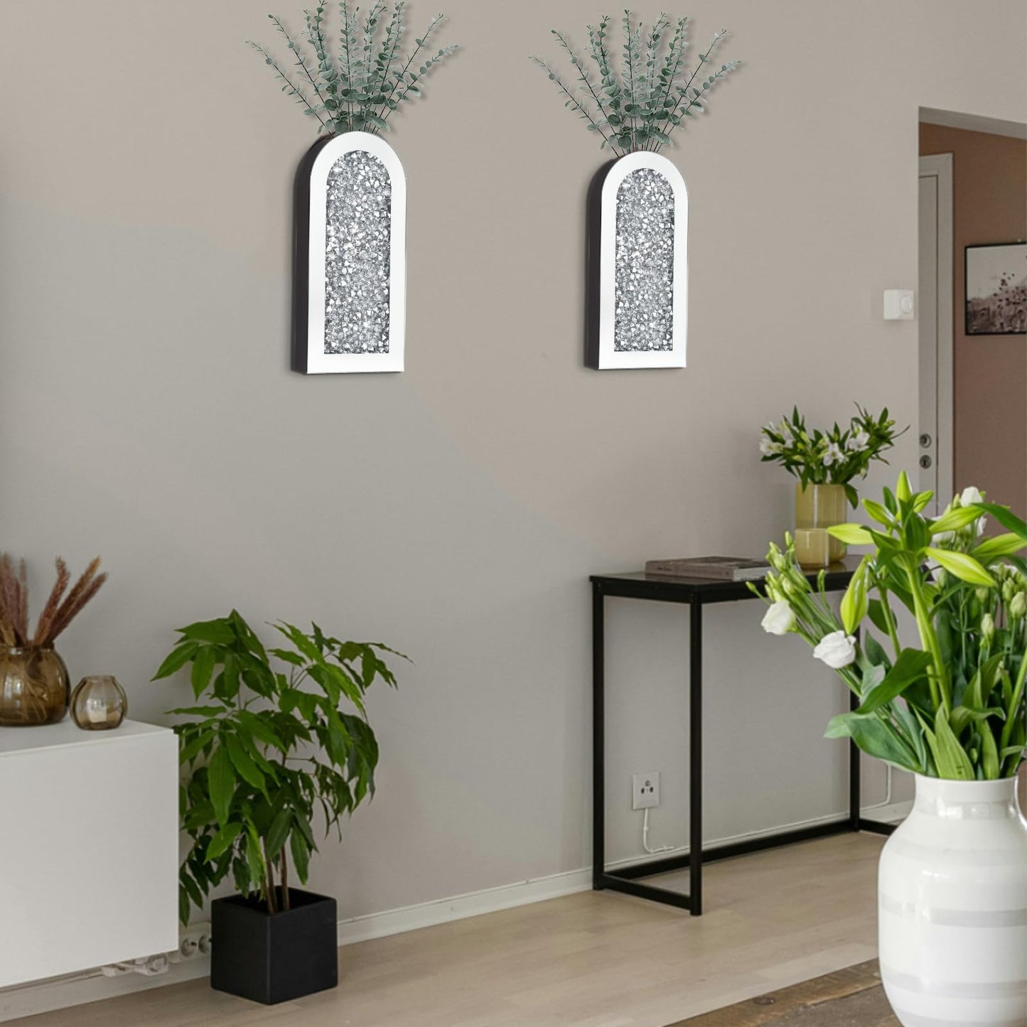 Set of 2 Crushed Diamond Wall Mirror Vases Bling Crystal Rhinestones Hanging Home Decor for Living Room Bedroom Wedding Housewarming Gift