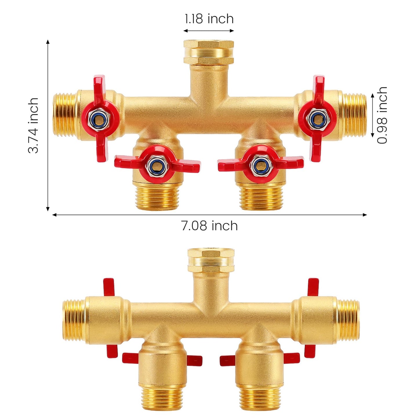 FINEST+ 4 Way Brass Hose Splitter, Solid Brass High Volume 4 Way Hose Splitter Valve with Metal Handle, Hose Connector 3/4", Hose Spigot Adapter 4 Valves with 4 Extra Rubber Washers