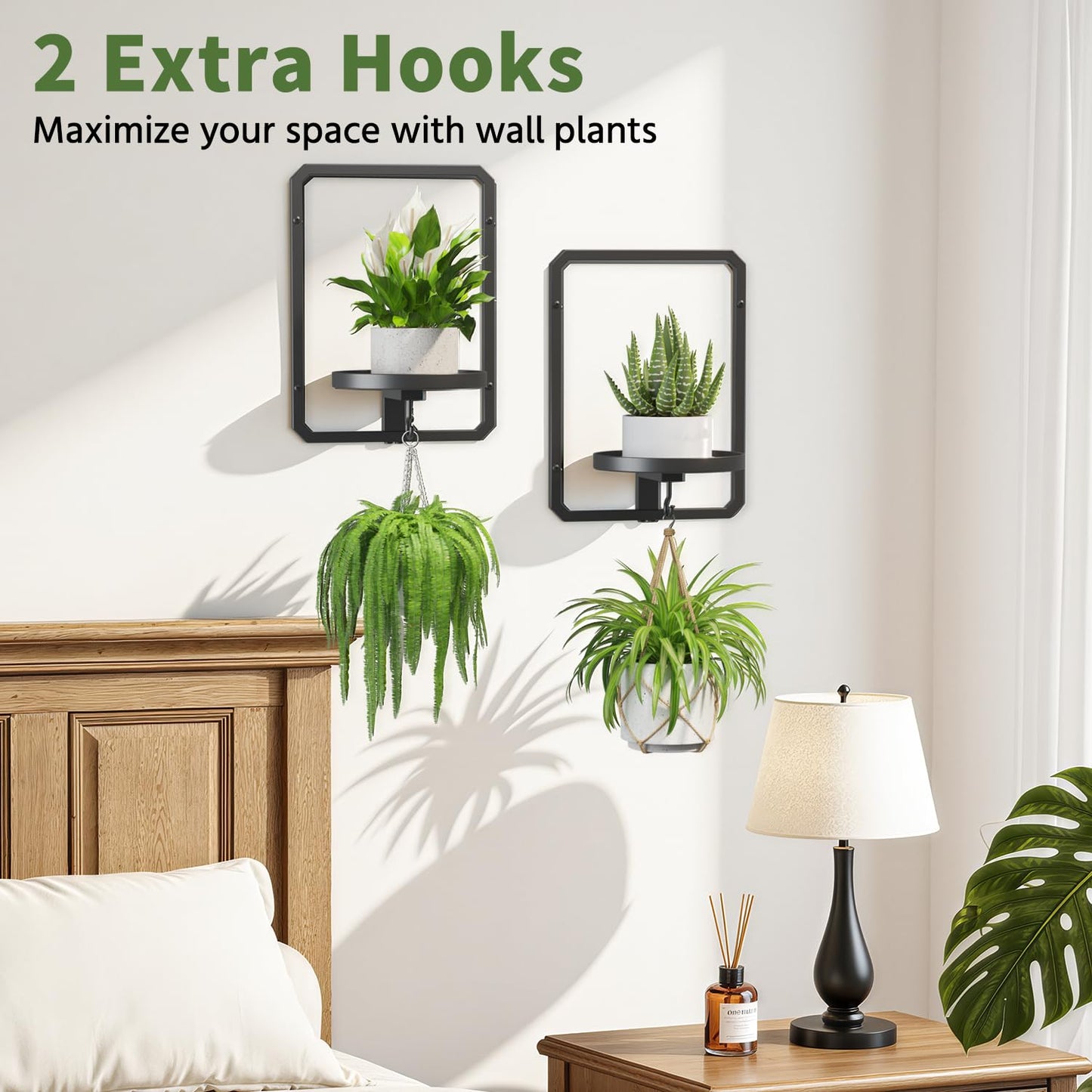 LASZOLA Plant Hangers Holder Wall Mount for Indoor Window, 2 Pack Floating Flower Stand Shelf with Hooks, Metal Picture Frame Hanging Planter Display Decor for Kitchen Bathroom, Black
