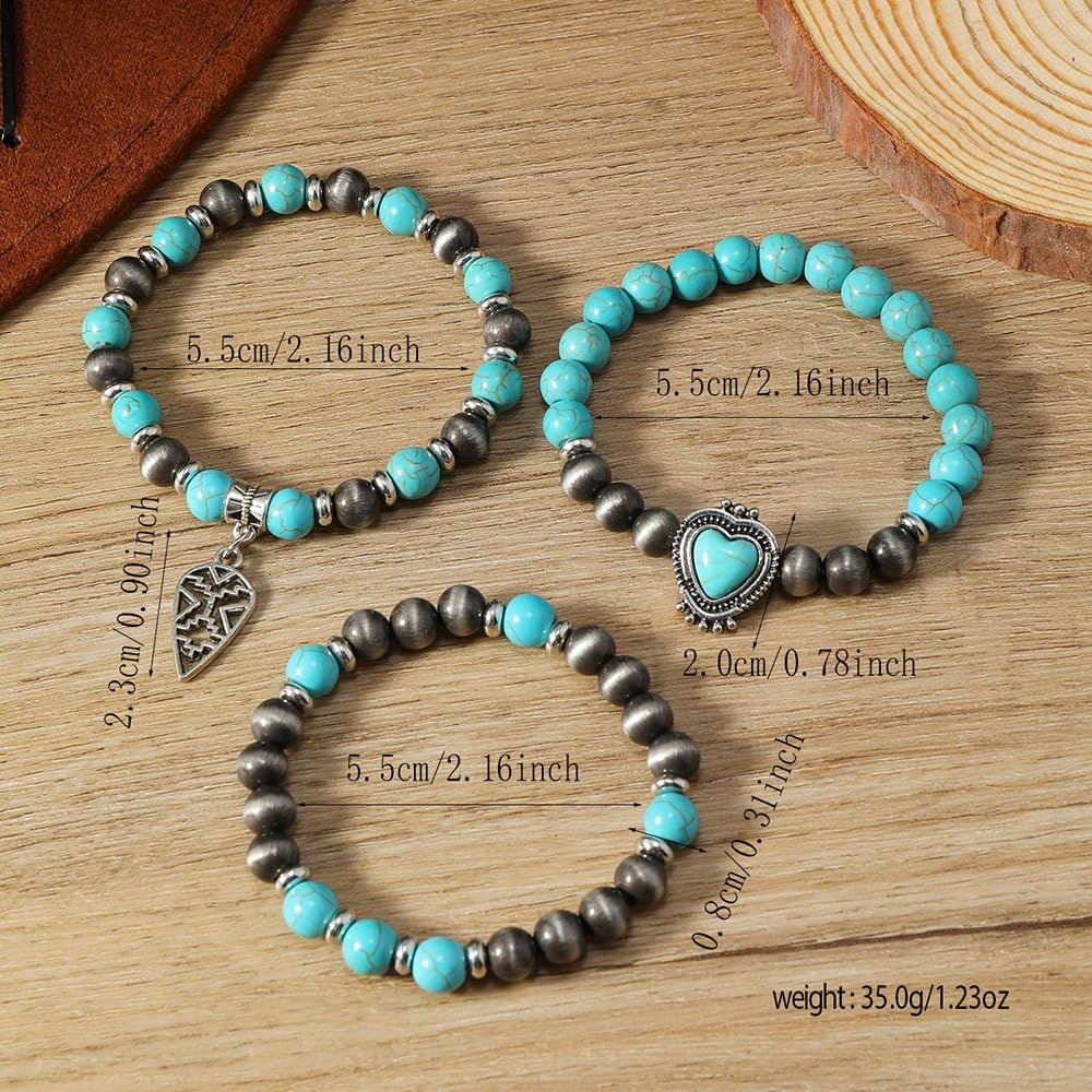 Meztole Turquoise Western Cowgirl Bracelets for Women Handmade Stackable Turquoise Beaded Stretch Bracelet Vintage Rodeo Western Jewelry Set Country Cowboy Outfit Accessories (3)