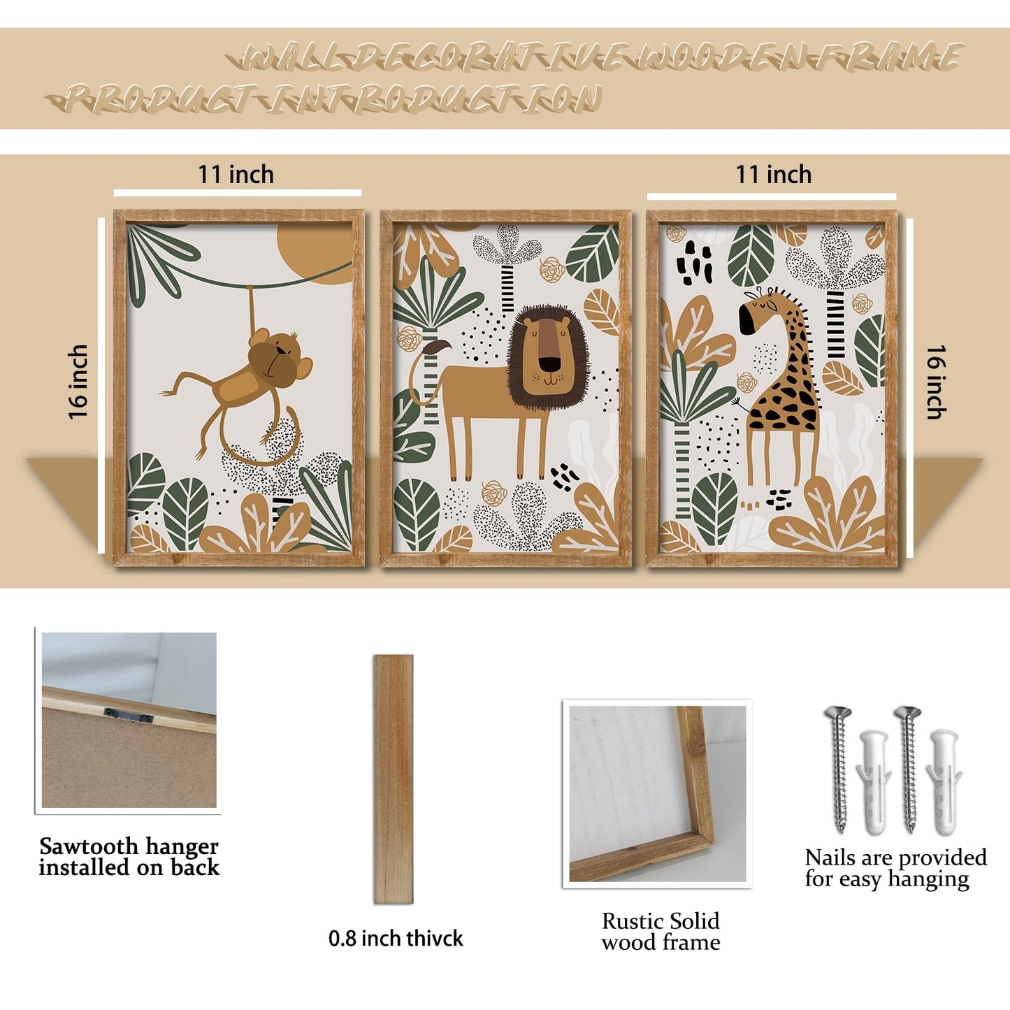 comurdyo Kids Cute Animal Wall Art Set of 3 Framed Safari Prints Cartoon Lion Monkey Giraffe Sign 16×11 Inch for Baby Room Toddler Nursery Children's Room Boho Rustic Wood Framed Hanging Decor (Wood)