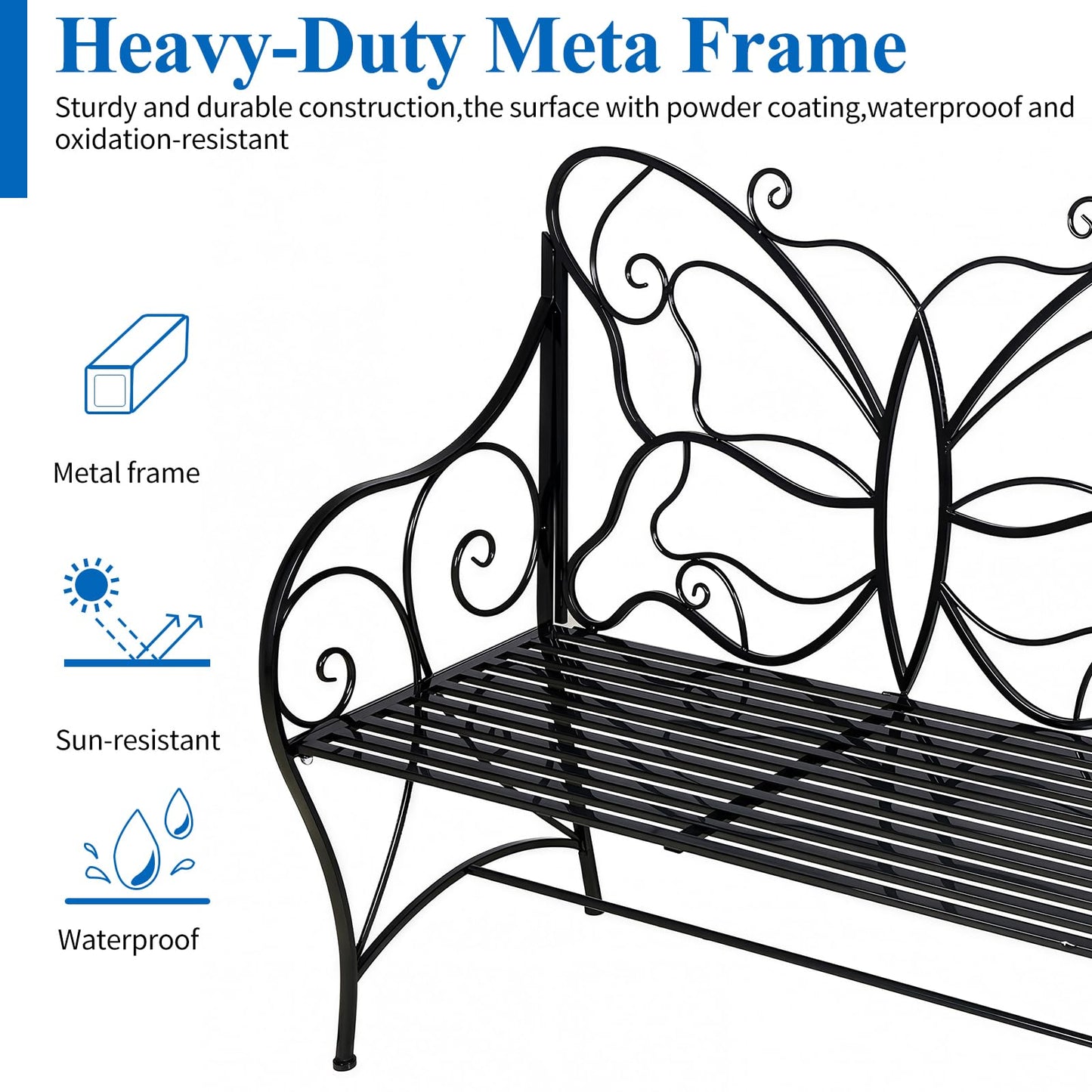HLC Outdoor Bench Outdoor Sturdy Rust-Resistant Bench Butterfly Cast Iron with Armrests Park,Yard, Patio, Porch, Lawn Double Seats