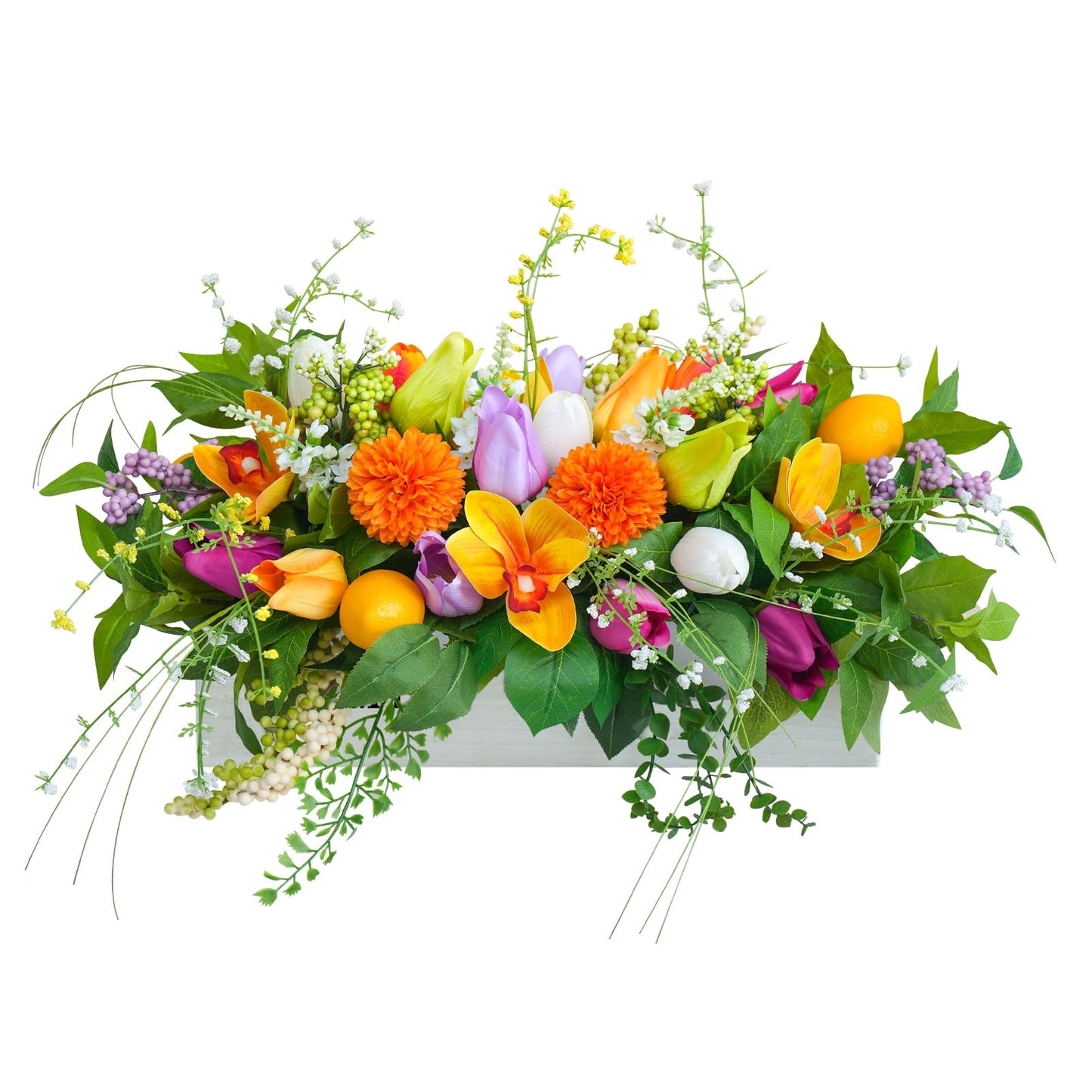 Artificial Tulip & Dahlia Table Centerpiece Lifelike Faux Flowers with Decorative Lemons & Greenery, Spring & Summer Tabletop Decor for Dining Room, Kitchen Island, Coffee Table, Weddings & Home