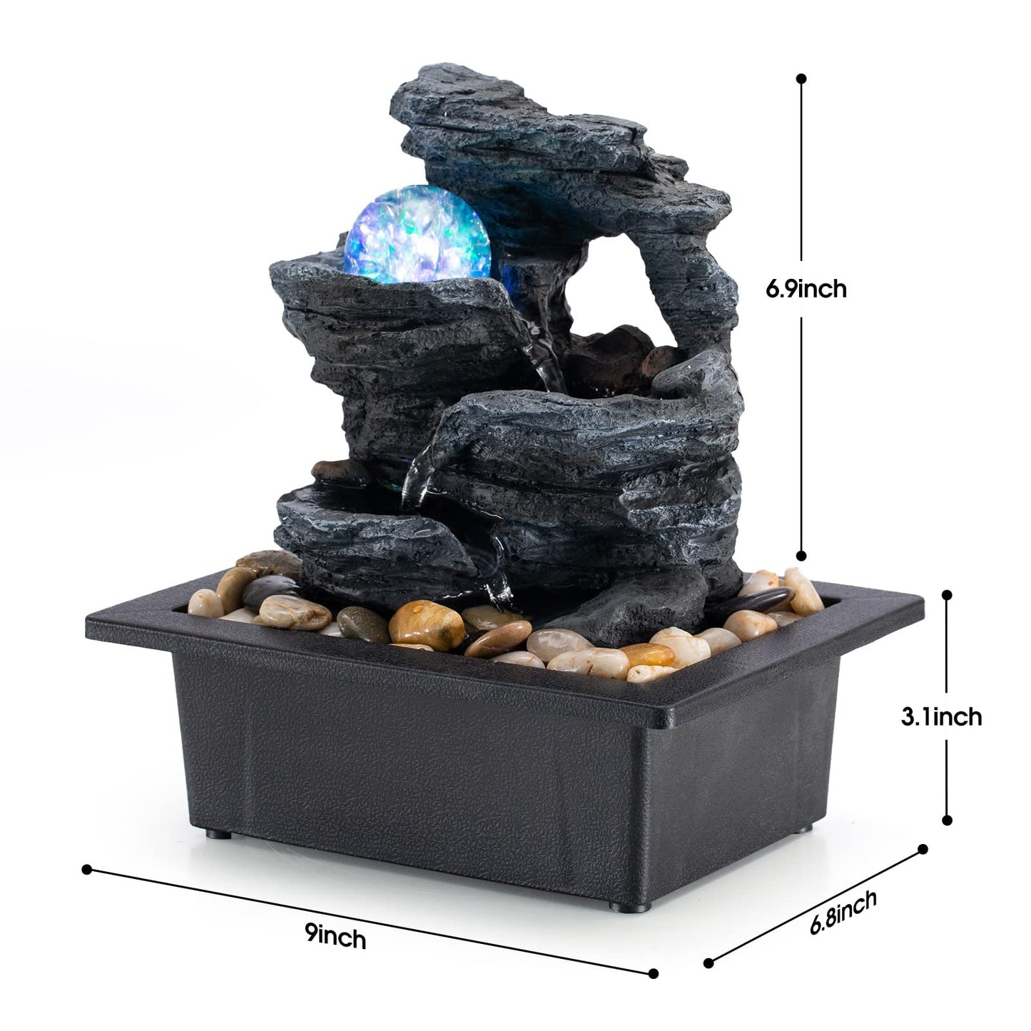 Amootek Tabletop Fountain Rotating Ball Rock Waterfall Fountain Office Includes Many Natural River Rocks Decorated with Colorful Lights, 9.05" L x 6.89" W x 10.23" H