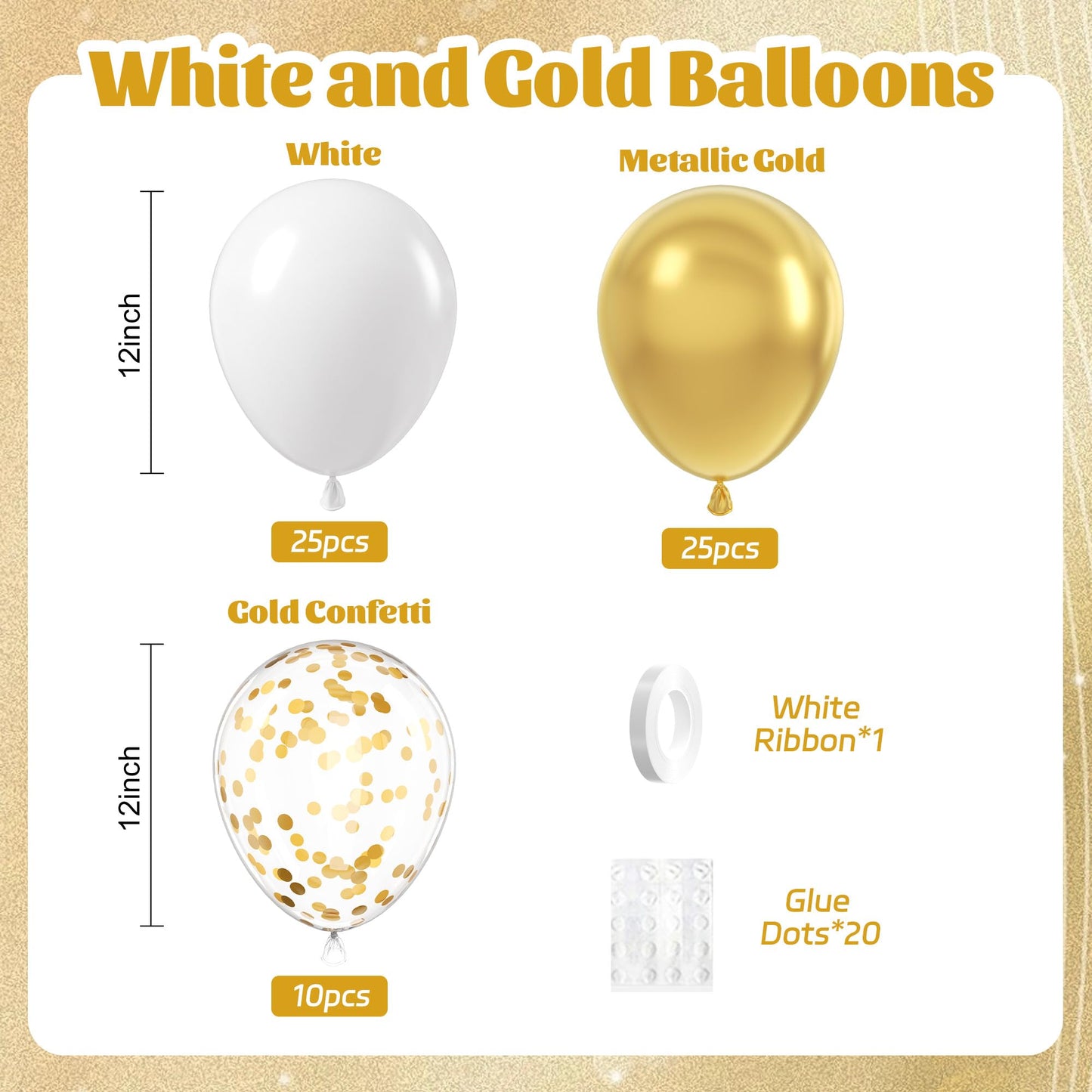 60pcs Gold and White Balloons 12inch, White and Gold Balloons with Metallic Gold Confetti Balloons for Graduation Wedding Engagement Birthday Party Decorations