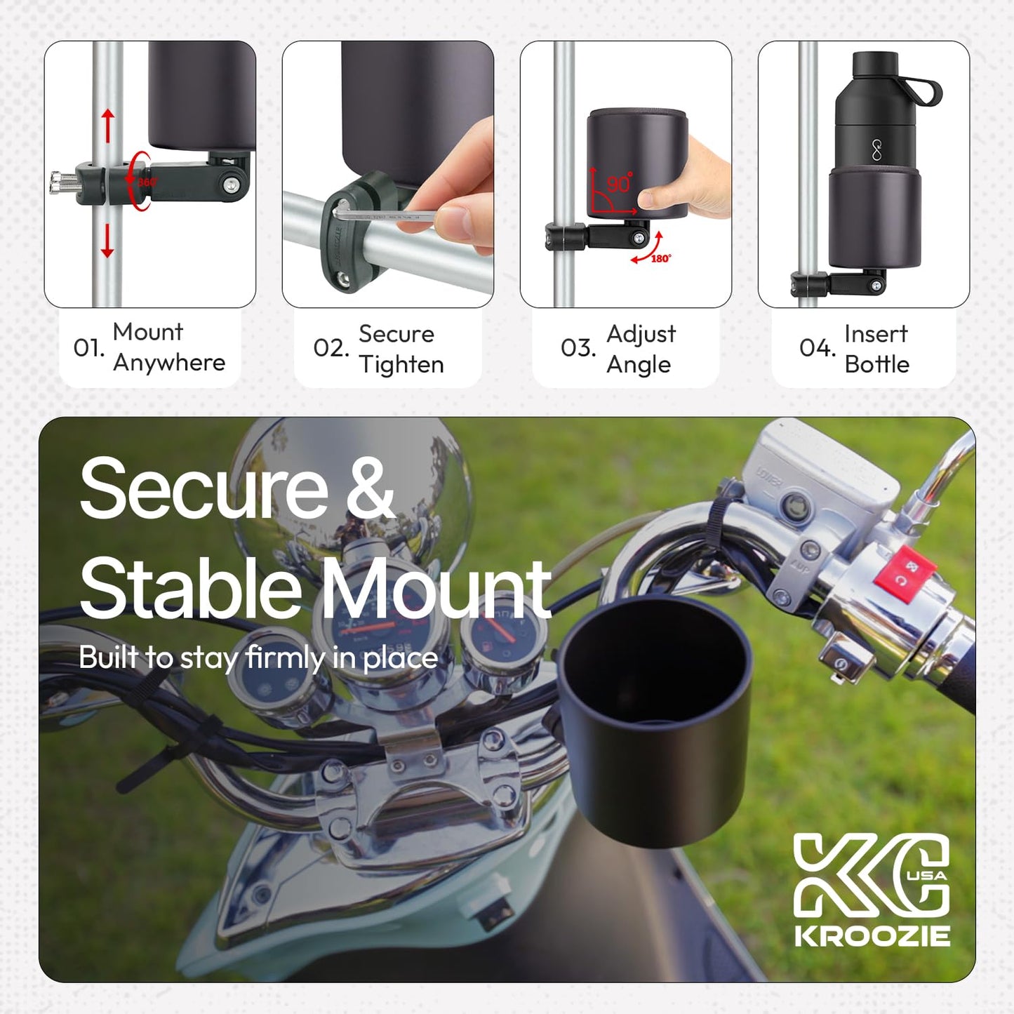 Kroozie Deluxe Stainless Steel Bike Cup Holder for Motorcycles, Strollers, Beach Cruisers, Wheelchairs, and ATVs - Fits Vertical or Angled Bars and Holds Drinks up to 48 oz