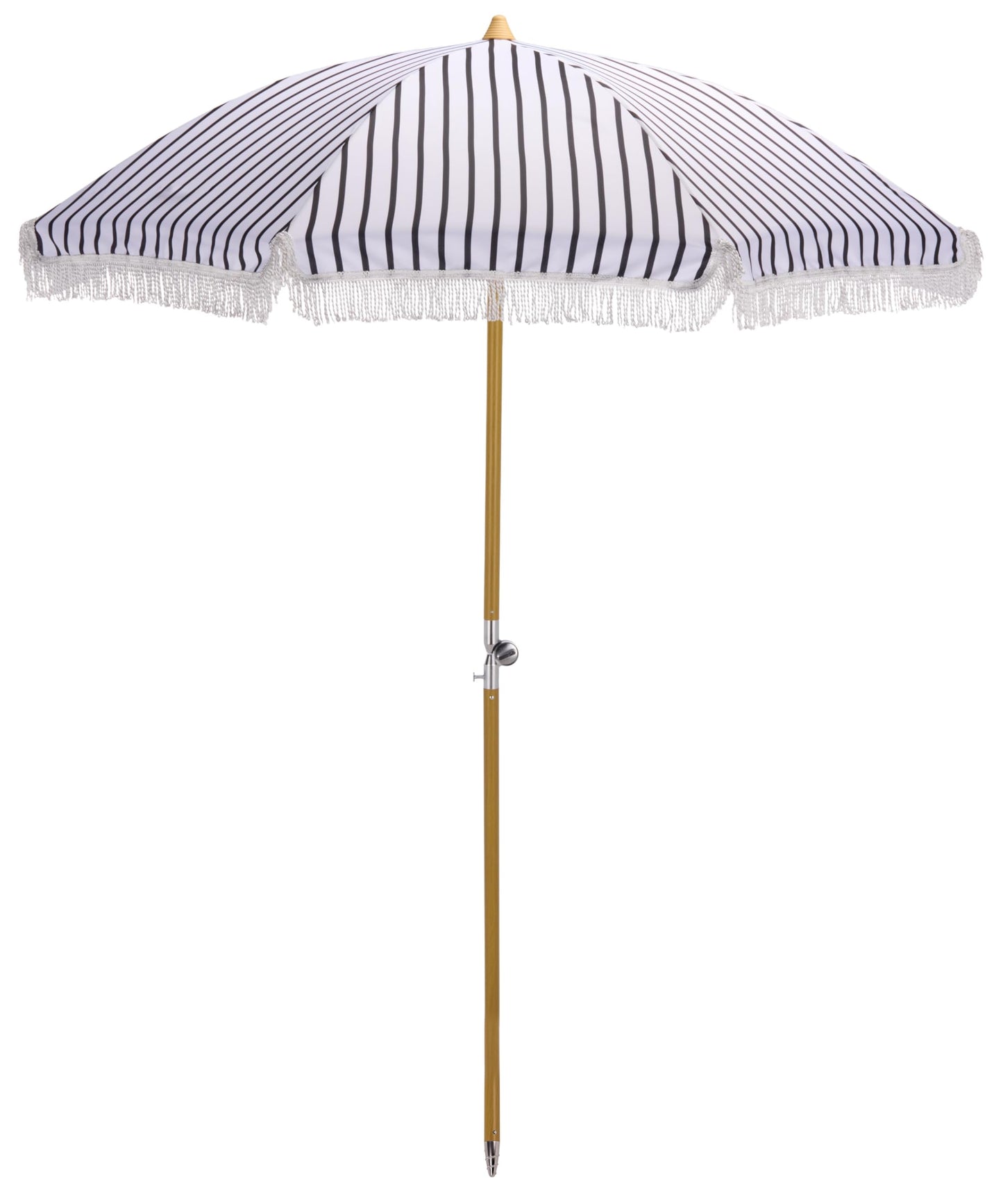 SAFAVIEH Outdoor - Bella 6.5 FT Beach Umbrella - Black Striped Canopy with White Fringe Trim, Tilt Function, Aluminum Pole with Wood Grain Finish, Weather Resistant for Beach, Patio, Garden (PAT8504A)