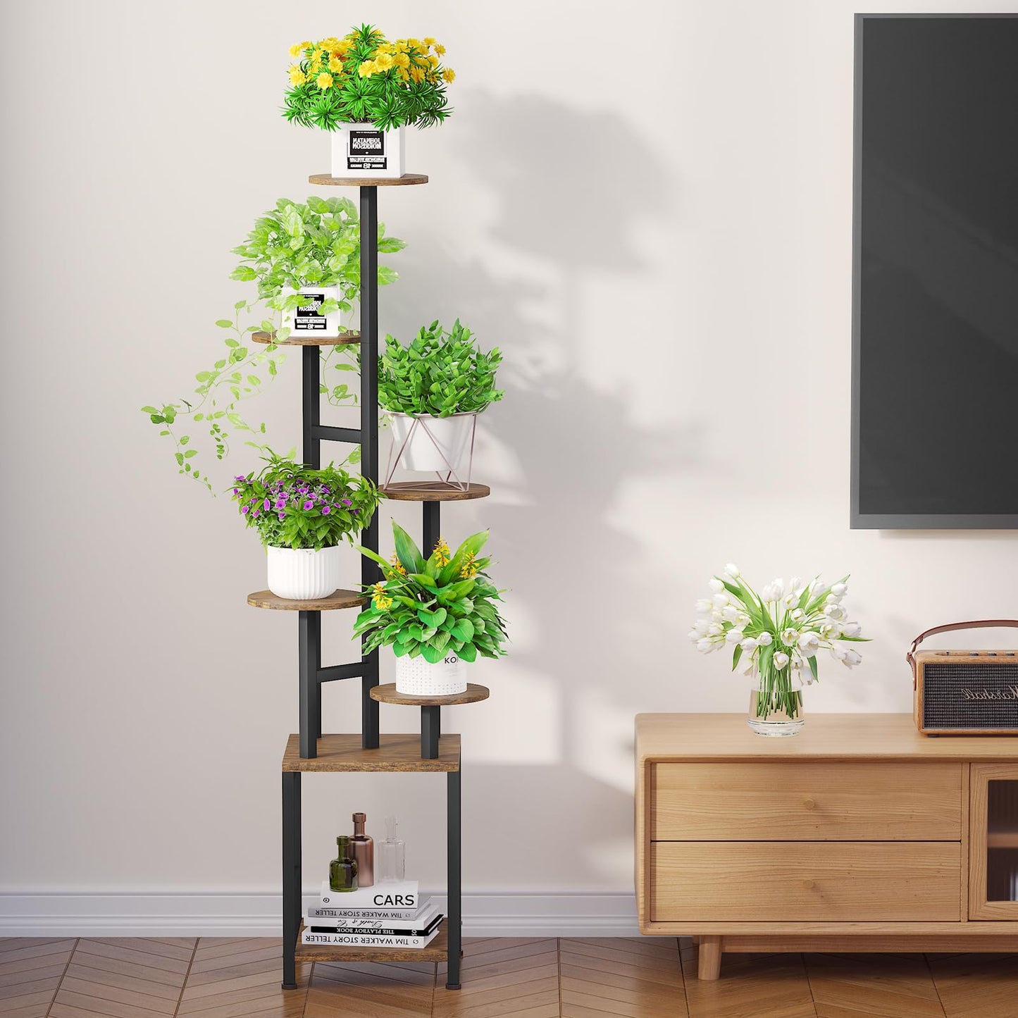 Homsorout Plant Stand Indoor with Grow Light,6-Tiered Tall Plant Stand Indoor, Metal Plant Shelf with Adjustable Light, Ideal for Living Room, Garden, Patio (Black Brown)