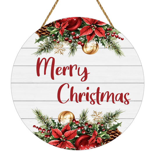 Christmas Door Decorations Merry Christmas Sign Wall Decor Grass Berry Flowers Bells Hanging Sign Wreath Wooden Front Door Hanger for Wall Indoor Home Decorations