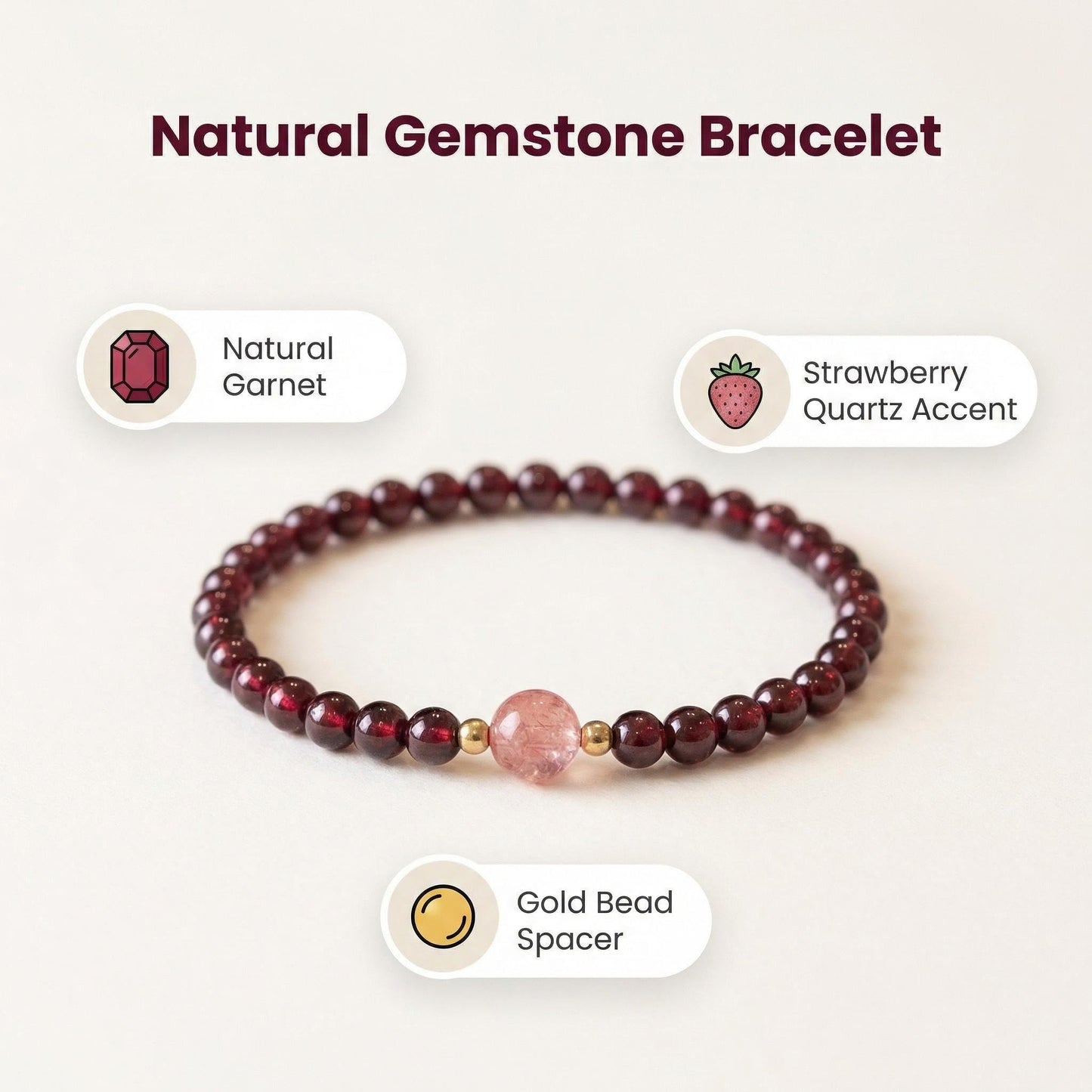 CNYTPE Garnet Bracelet for Women – Red Garnet Jewelry, Healing Crystal Bracelet, Handmade Gemstone Jewelry, Symbol of Love, Happiness & Harmony (Garnet & Strawberry Quartz Single-Strand)