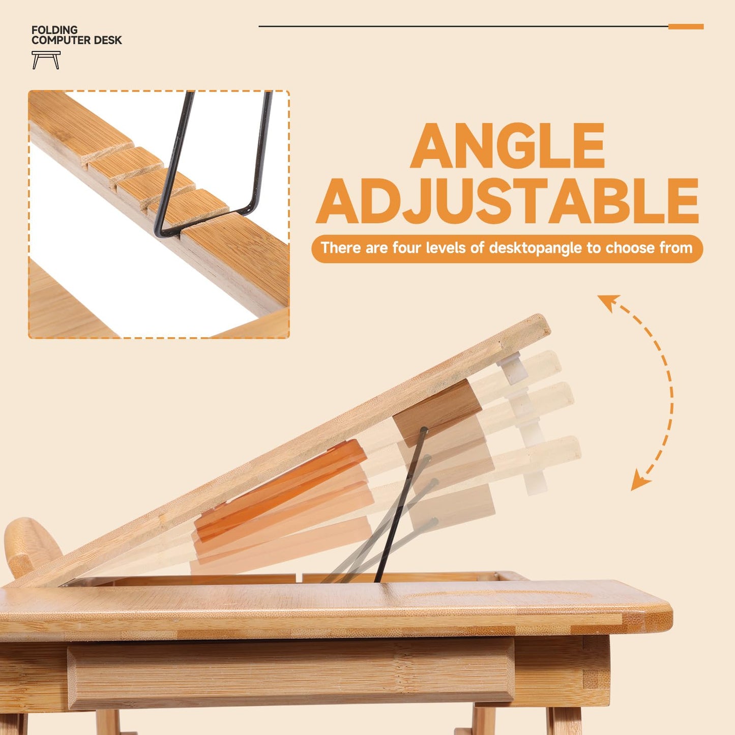 JELNER Adjustable Bamboo Laptop Desk with Cooling Fan, Foldable Bed Tray for Breakfast, Writing, and Drawing, with Tilting Top and Drawer, Portable Lap Desk for Bed, Sofa, and Floor.