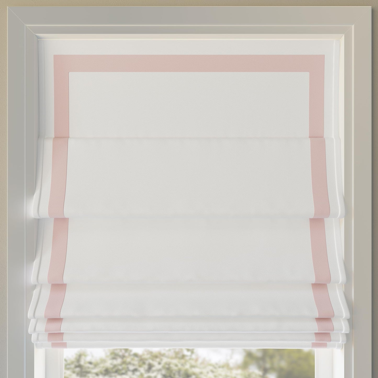Sun Zero Marline Pink Ribbon Border 100% Total Blackout Cordless Roman Shade, Pink/White, 35" W x 64" H