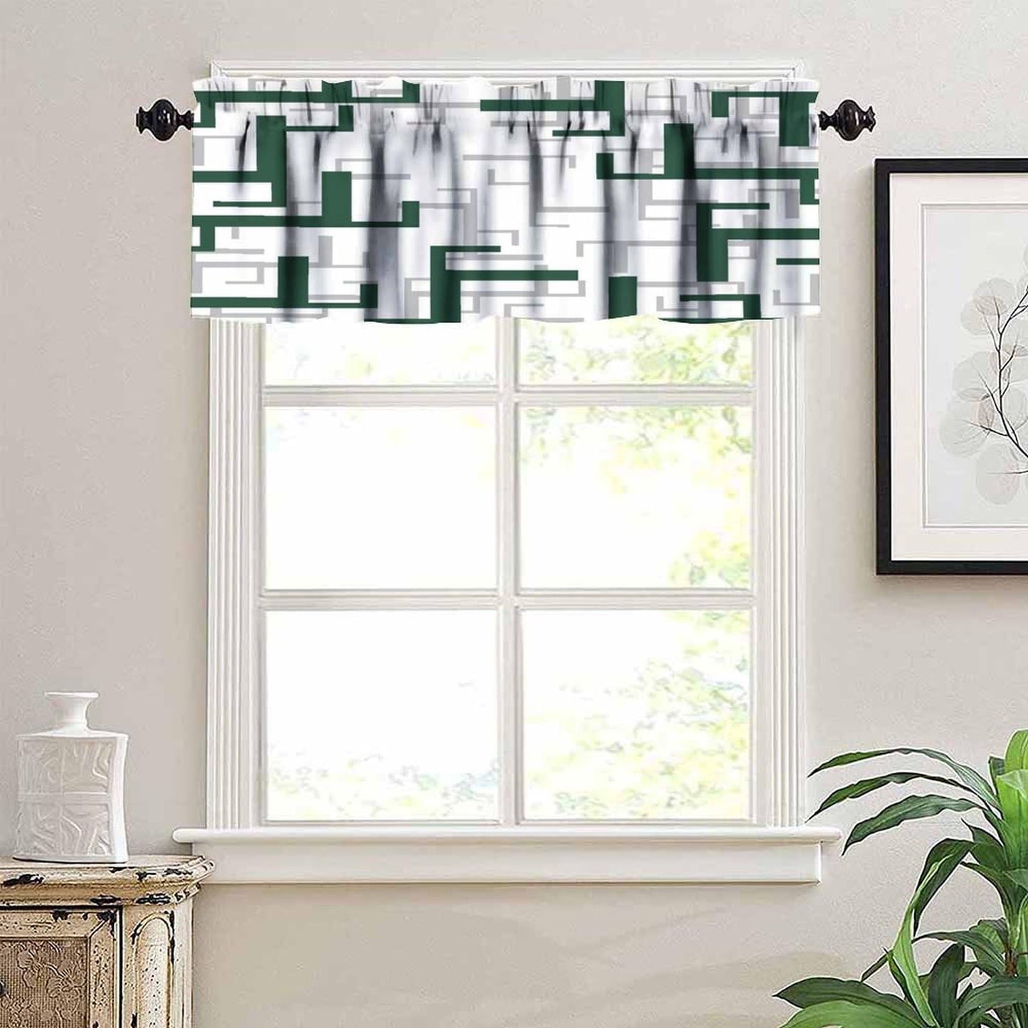 ZhiRain Green and White Valance Curtain Geometric Modern Spa Rod Pocket Valance Window Treatments Short Curtains for Kitchen Bathroom Farmhouse Living Room Bedroom Decor 54x18inch
