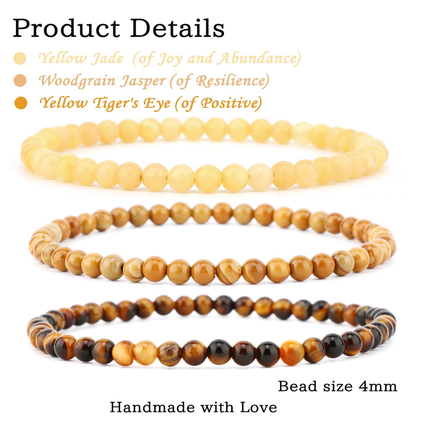 CMBYN 3-Pieces 4mm Natural Crystal Gemstone – ﻿Woodgrain Jasper, Yellow Jade, Yellow Tiger's Eye Handmade Reiki Energy Healing Stretch Bracelets Jewelry for Yoga, Meditation, Unisex