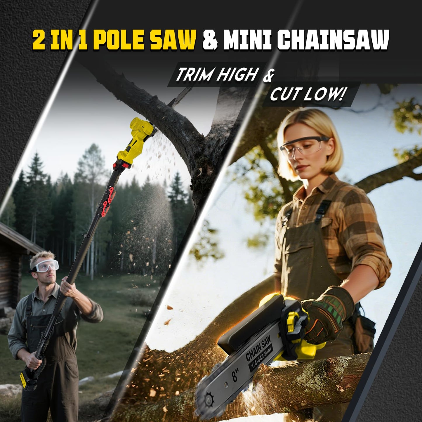 Brushless 2-IN-1 Cordless Pole Saw & Mini Chainsaw, 2× 21V 4.0Ah Battery Powered 8 Inch Chain,Max Reach 16 Ft & Multi-Angle Electric Pole Saw for Tree Trimming, Gifts For Father,Husband,Men