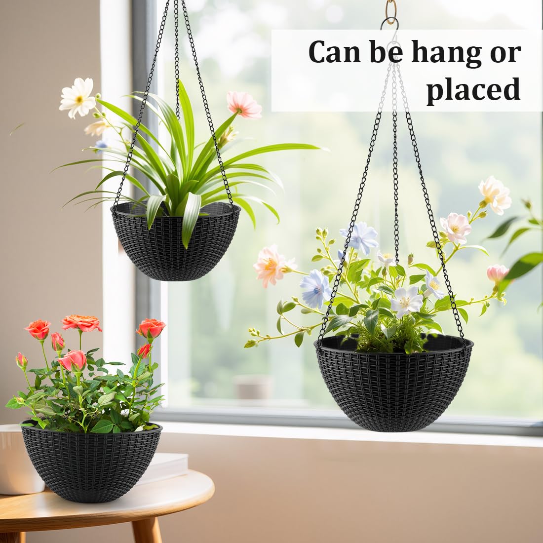 RooTrimmer Hanging Planters for Indoor Outdoor Plants 8 and 10 Inch, 4 Packs Hanging Flower Pot with Drainage Holes, Self-Watering Hanging Basket Perfect for Home, Office and Garden, Black