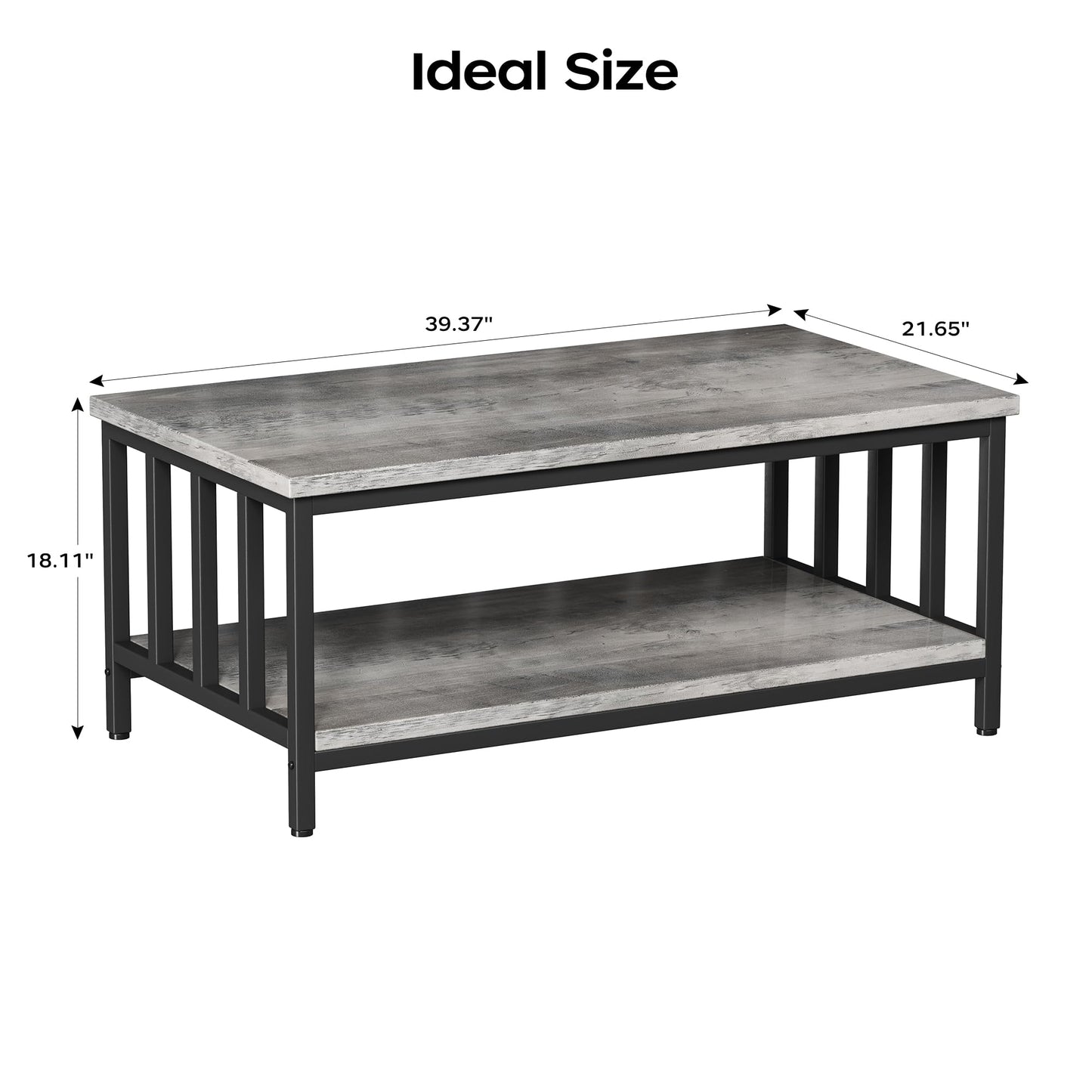 Homeiju Coffee Table for Living Room with Slatted Sides Frame, Modern Farmhouse Living Room Table with 2-Tier Storage Shelf for Home Office, Apartment, 39 inch Grey Wash