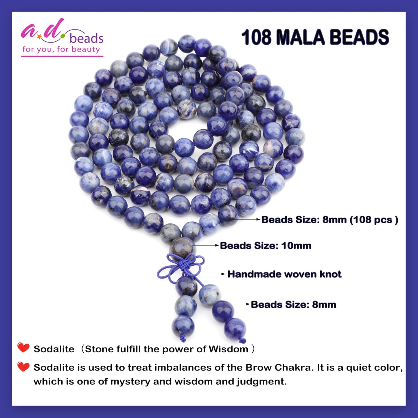 AD Beads 8mm 108 Prayer Mala Sodalite Elastic Bracelet - Stone fulfill the power of Wisdom - Handmade Yoga Meditation Healing Power Energy Gifts for Unisex Adult.