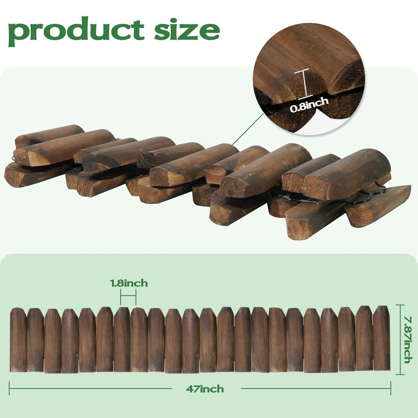 Wood Garden Edging for Landscaping – Half-Round Border Fence for Flower Beds， Pathways & Patio， Natural Decorative Wooden Panels for Garden Landscaping， 7.8in H x 4.0 ft L (1 Pack)