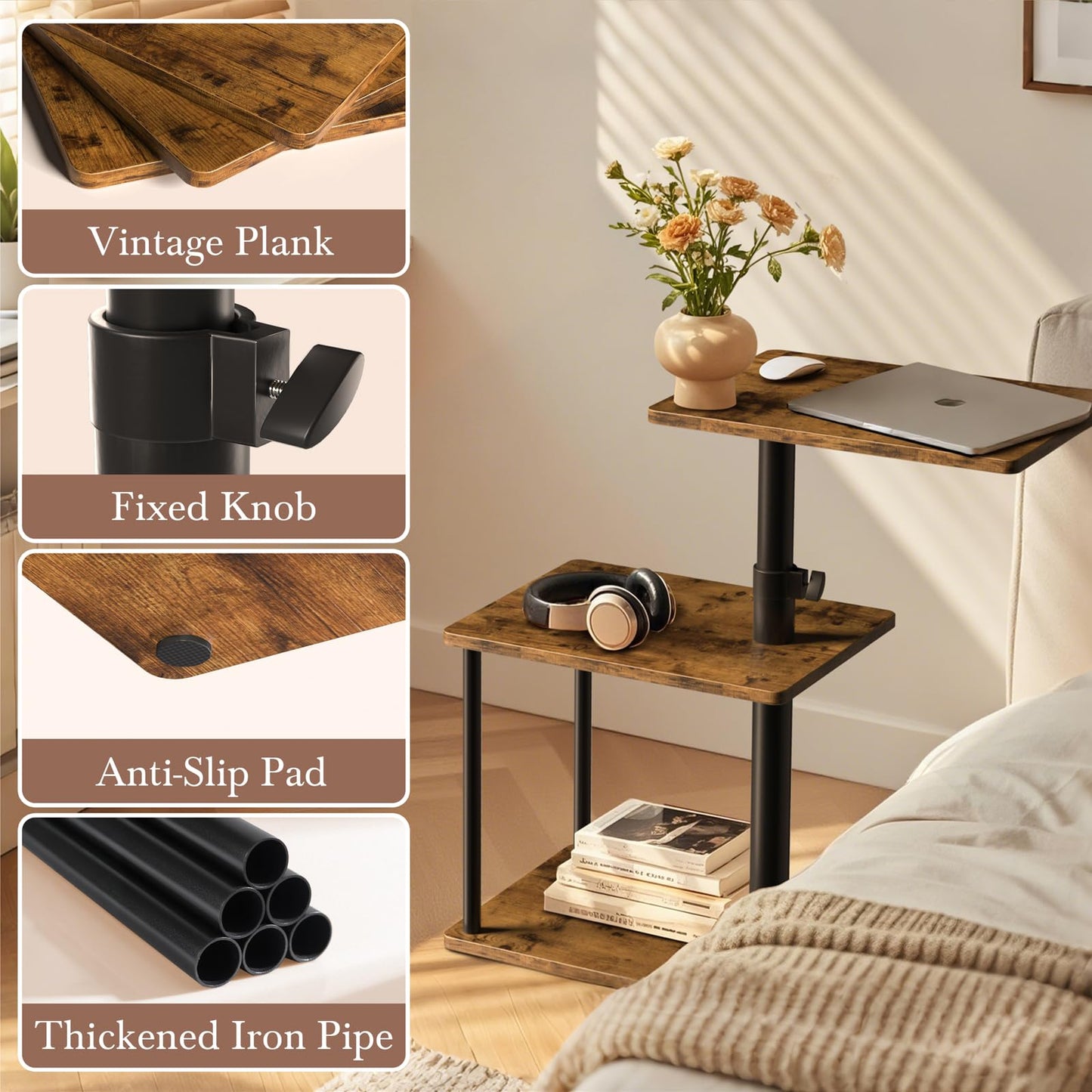 Faesun 360° Swivel Side Table for Height Adjustable, C Shaped End Table for Couch with Storage, 3-Tier Night Stand with Open Shelf, Tv Tray for Small Spaces, Living Room, Bedroom, Rustic Brown