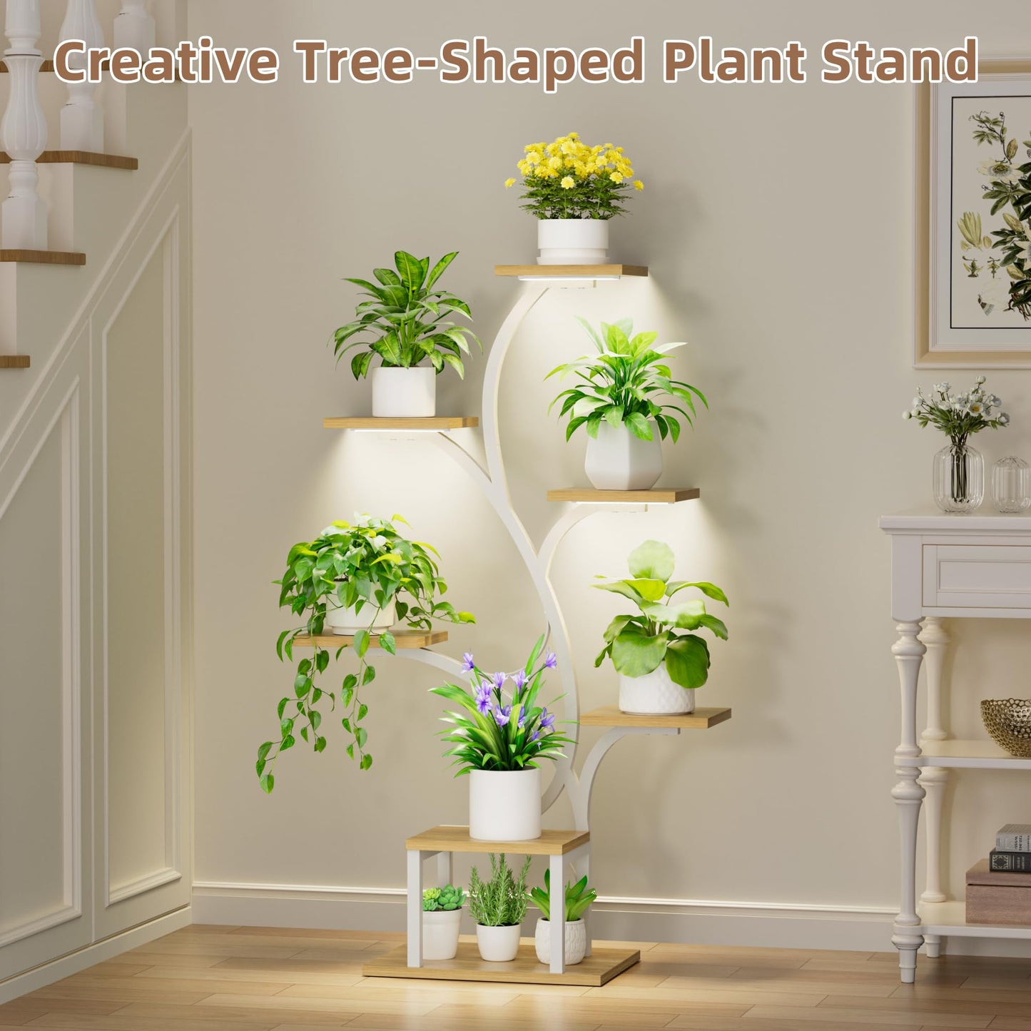 BACEKOLL Plant Stand Indoor with Grow Lights, 7 Tiered Plant Shelf Indoor, 49" Corner Plant Stands for Indoor Plants, Metal Plant Flower Display Shelf, Tree-Shaped Plant Rack for Home, Patio, White
