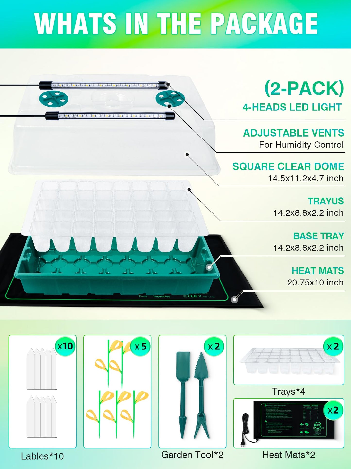 Hugbow Seed Starter Tray with Grow Lights and Heat Mat, 3-in-1 Soil Meter, 80-Cell Seed Growing Tray, Germination & Plant Propagation Station for Indoor Plants 2-Pack