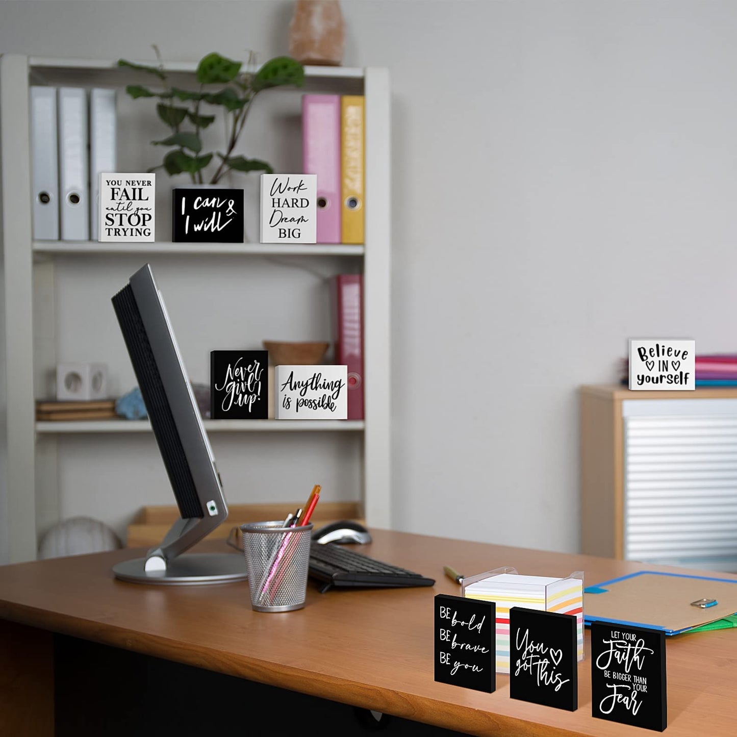 Yulejo 9 Pcs Mini Inspirational Wooden Signs Office Desk Decor Positive Motivational Quotes Table Sign Employee Appreciation Gift Bathroom Home Decors Cheer Up(black, White, 3.5 x 2.5 x 0.47 Inch)