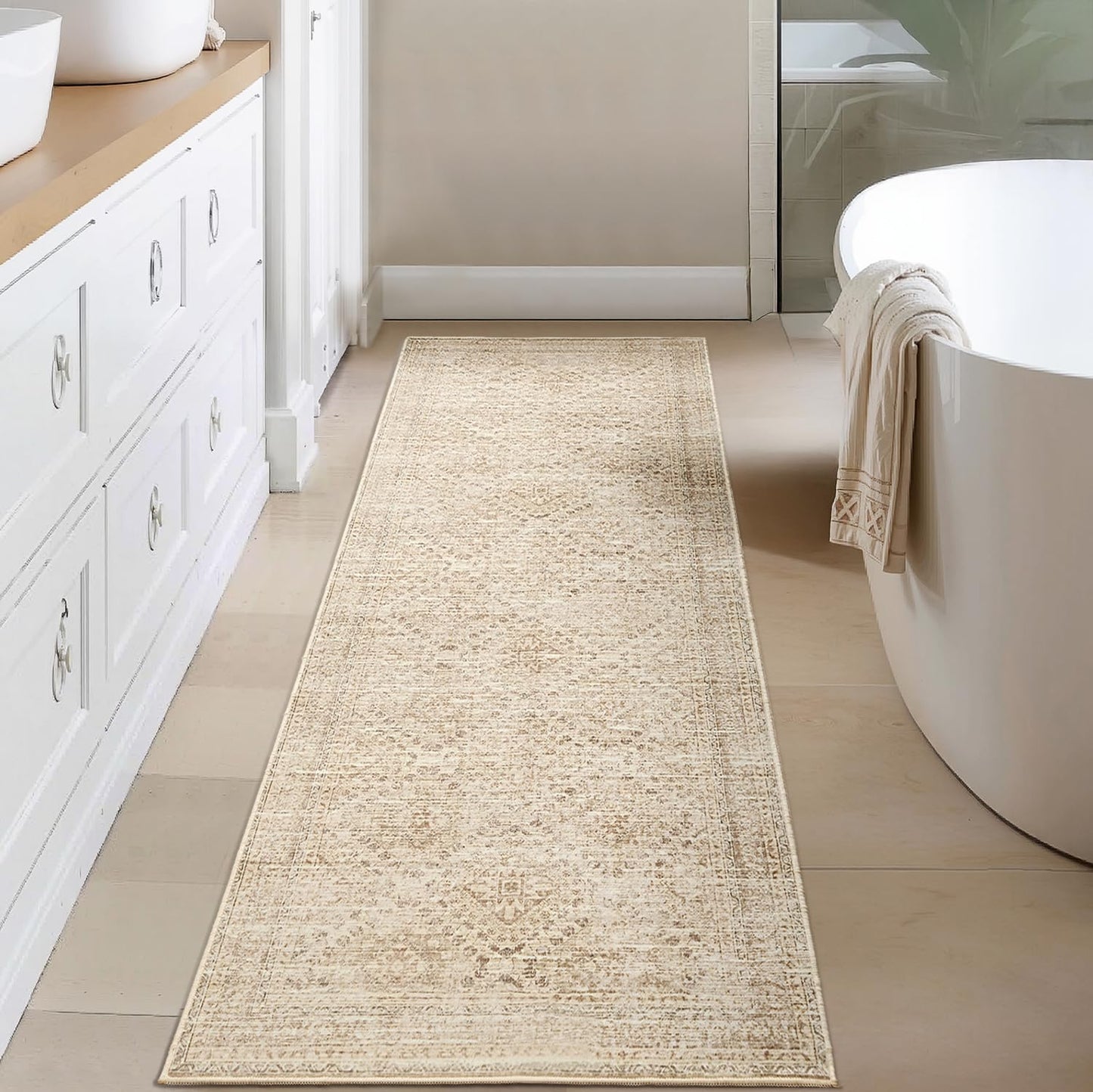 MIULEE 2x6 Washable Hallway Runner Rug, Vintage Long Rug for Hallway Kitchen Bedroom Laundry Room Bathroom, Non-Slip Stain Resistant Soft Throw Carpet Floor Mat, Neutral Beige
