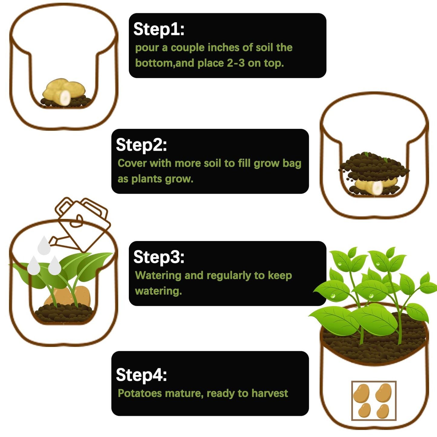 TCBWFY 4 Pack Potato Grow Bags with 2 Flaps 15 Gallon,Heavy Duty 14oz/yd² Planter Pot with Sturdy Handles and 2 Harvest Windows for Potato Tomato and Vegetables