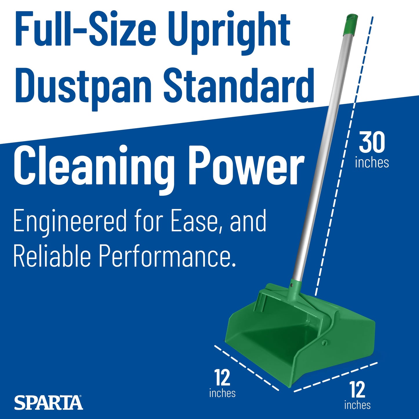 SPARTA Upright Dustpan with Aluminum Handle, Serrated Edge for Broom Combing, Secure Yoke Lock with Easy Storage Hanging Hole for Commercial Cleaning, Plastic, 30 Inches, Green