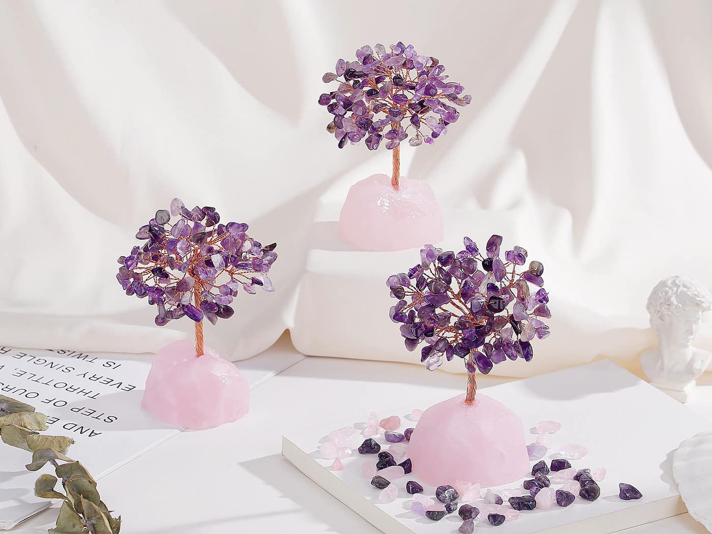 QINJIEJIE Crystal Tree Healing Crystals Amethyst, Purple Gravel Gemstone, Rose Quartz Pink Base, Copper Wire Life Stones Artificial Energy Desk Decor, Spiritual Meditation Gifts