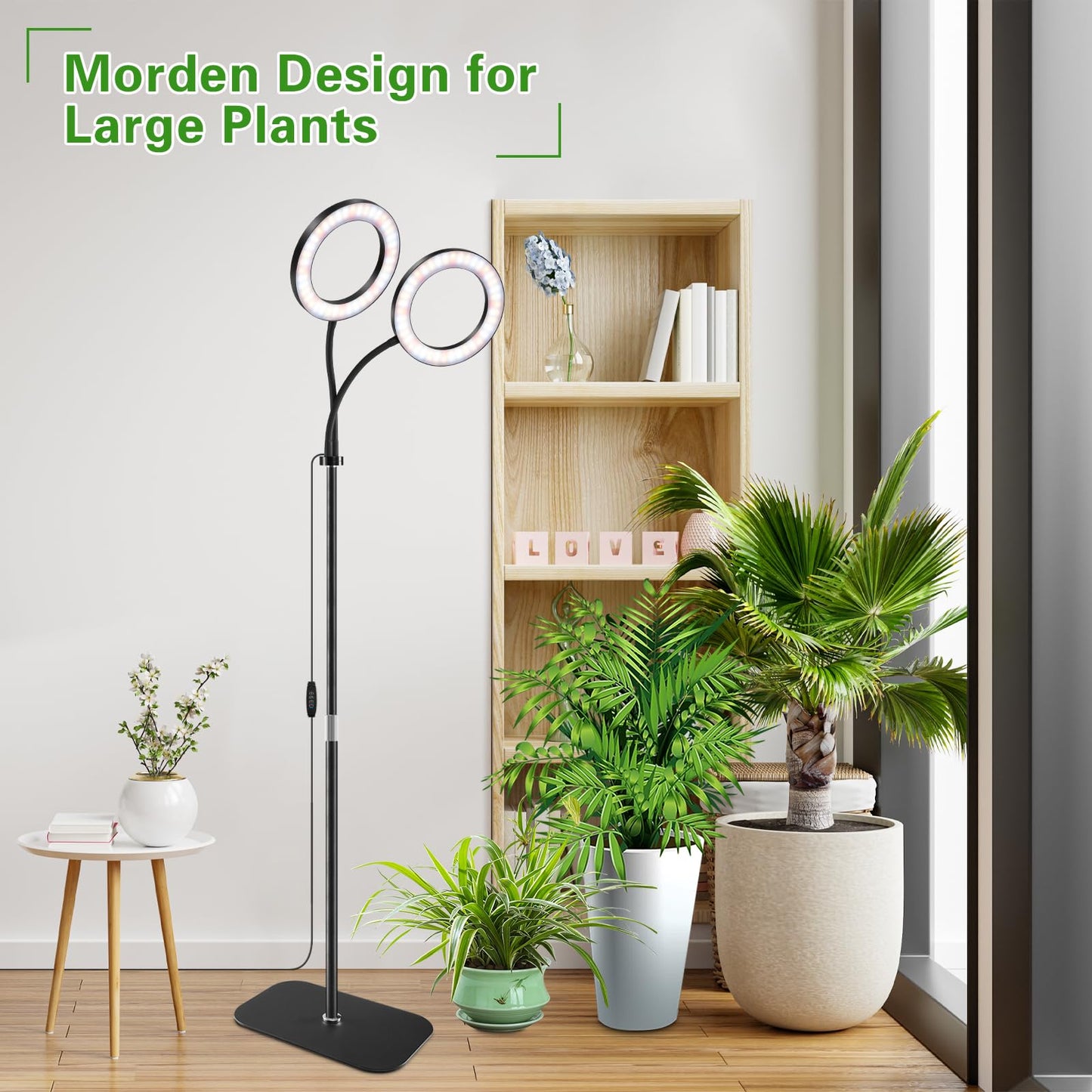 Grow Light with Stand for Indoor Plants, Dual Head Full Spectrum Floor Plant Light for Large Tall Plants, 16.5-68in Adjustable Height, 3/9/12H Timer, Dimmable, Modern Ring Grow Lamp for Home Décor