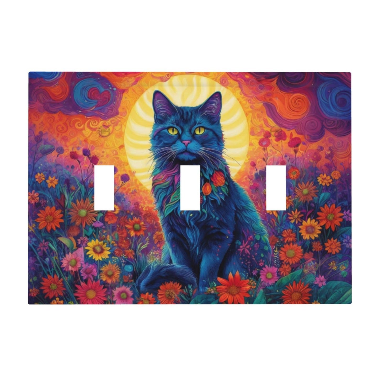 ThsanjuCute Watercolor Cat Gold Sun Sunset Colorful Flowers Clouds