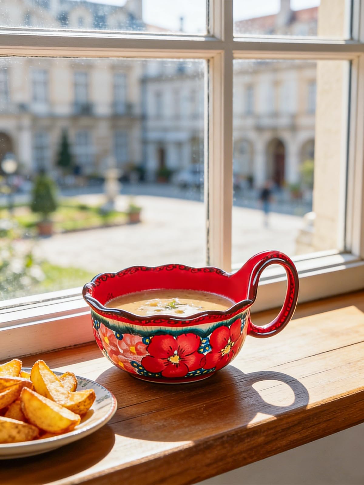 silesia Handmade Ceramic Soup Bowl with Spoon, 30 Oz Hand Painted Bowl with Loop Handle, Floral Design Cereal Bowls for Soup, Ice cream, Snack, Microwave & Dishwasher Safe (Glazed Red)