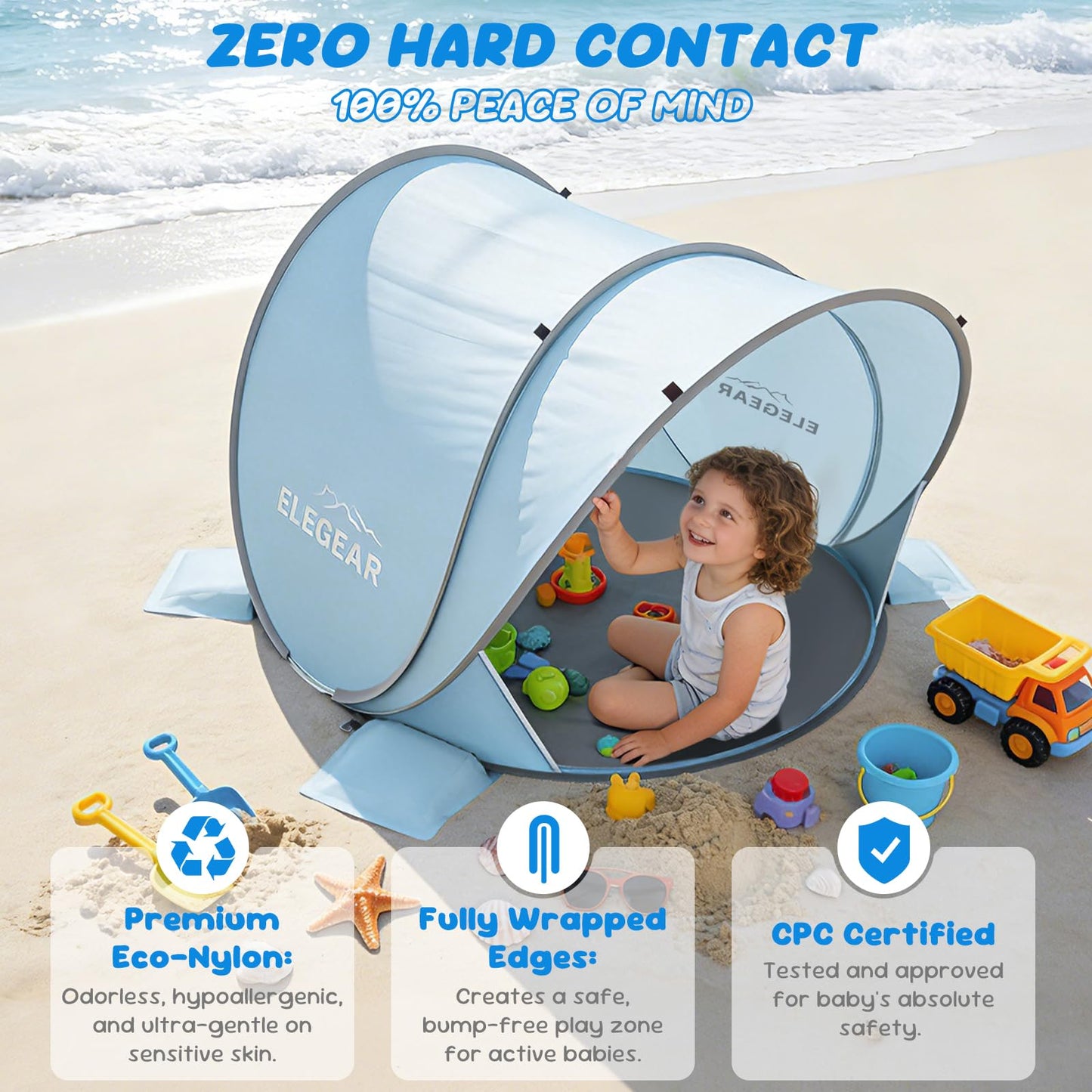 Elegear Pop Up Baby Beach Tent with Mini Canopy, CumbreX™ UPF 50+ UV Protection Baby Tent Sun Shelter, 1S Setup Portable Baby Beach Essentials Shade for Infant Toddler Outdoor Indoor Play - Blue