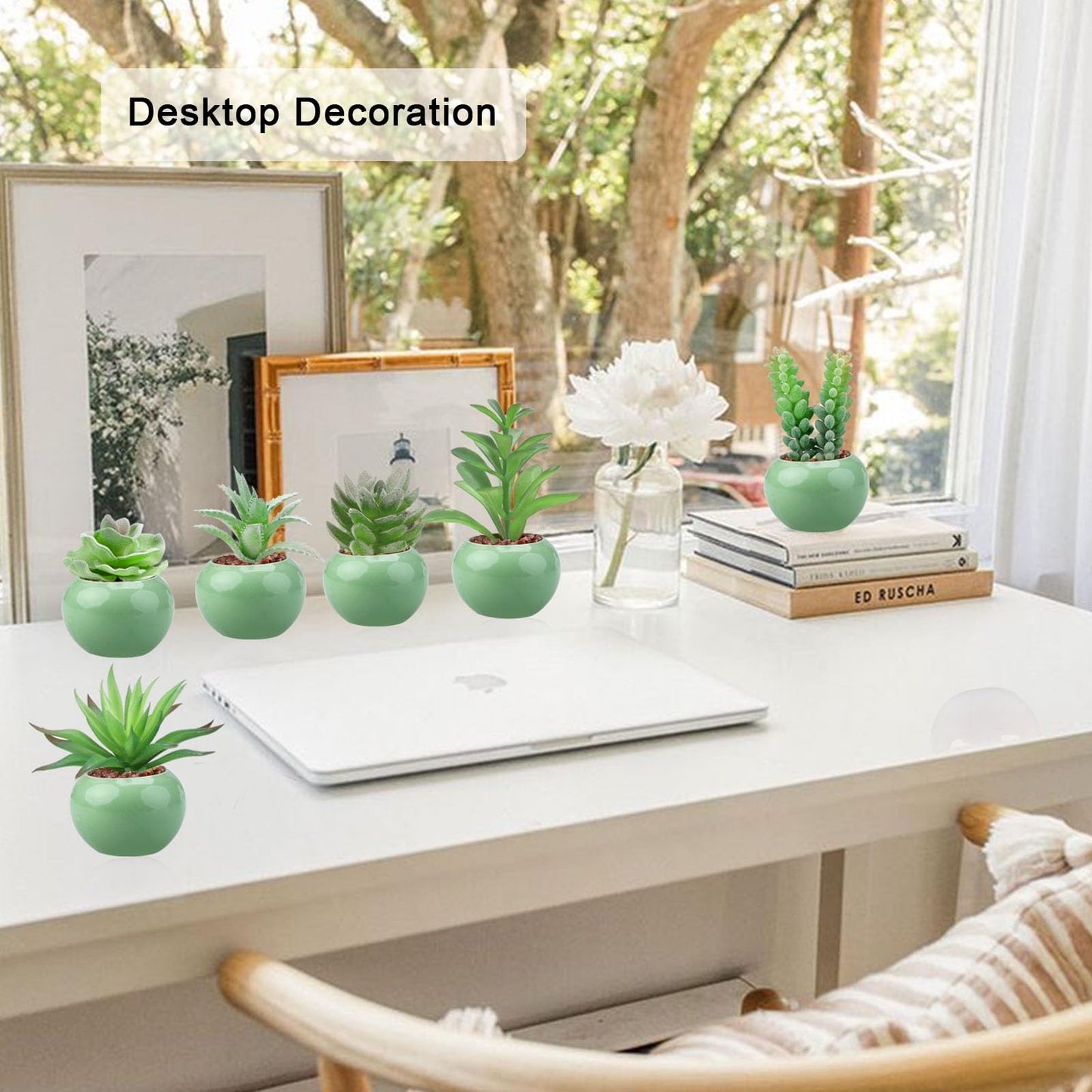 GREENTIME 6 Pcs Artificial Succulent Plants Bulk in Mini Ceramic Pots Small Fake Succulent Plant Faux Indoor Decor Bedroom Desk Bathroom Office Living Room Table Shelf Home Decoration (Green)