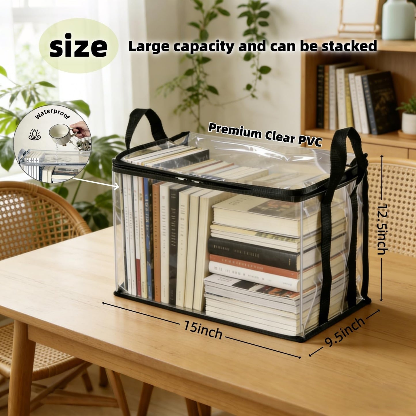 Clear Book Storage Bag with Reinforced Handles - Heavy Duty Plastic Comic Book Organizer & DVD Storage Bin - Collapsible Media Tote with Zipper Lid for Books, Journals and Albums - 15" x 9.5" x 12.5"