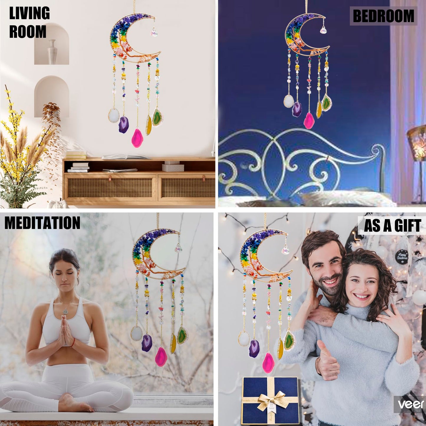 7 Chakra Crystal Wind Chimes, Moon Shaped Dream Catcher, Sun Catchers, Healing Crystal Decor, Reiki, Feng Shui Metal Art Wall Decor for Room, Bedroom, Home, Unique Gifts for Women for Good Luck