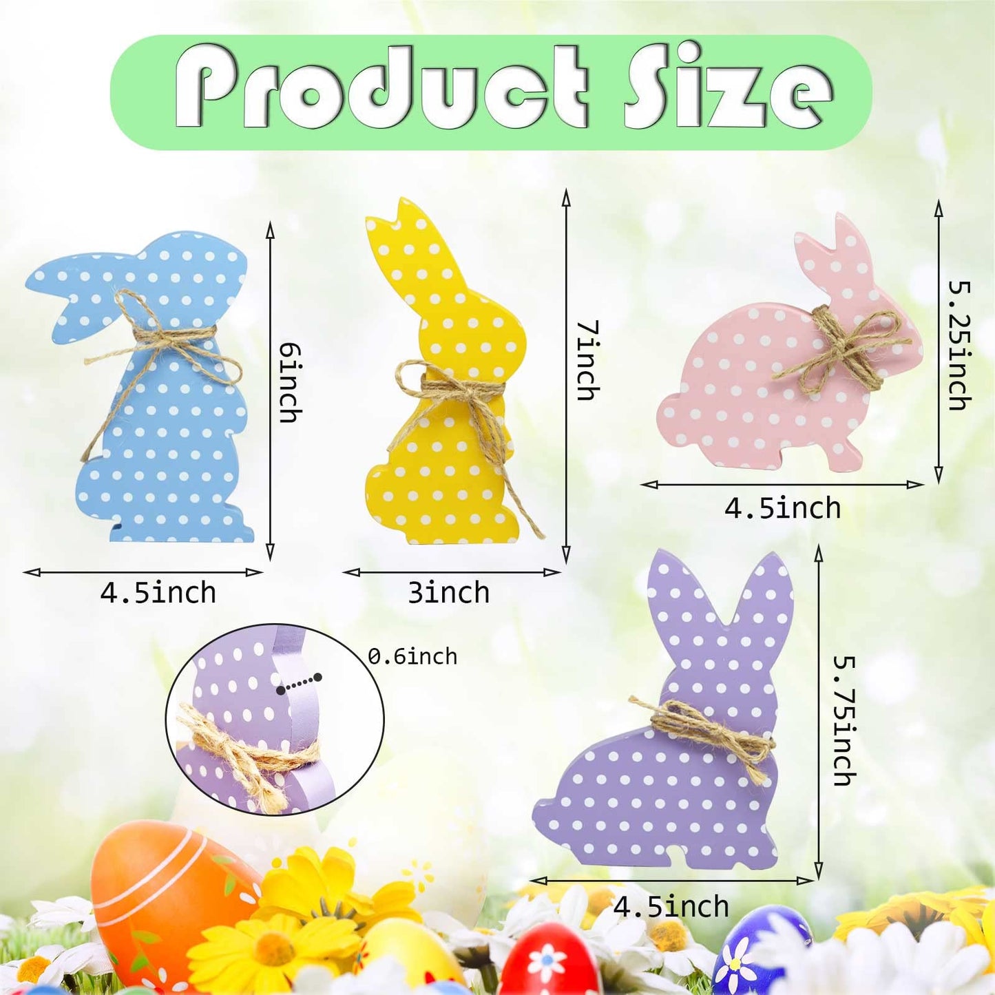 4Pcs Easter Bunny Decorations, Wooden Rabbit Shaped Tabletop Centerpieces Table Signs with Rope Farmhouse Spring Easter Decor for Home Office Dining Room