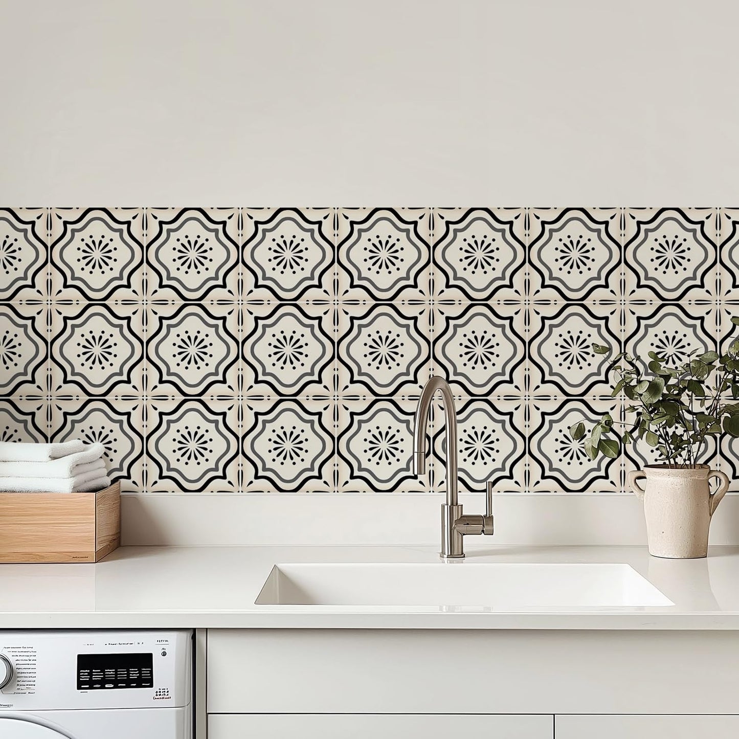 30 Count Moroccan Tile Decals 4 in – Self Adhesive Vinyl Wall Stickers, Waterproof Peel & Stick for Kitchen Backsplash, Bathroom, Stair Tread Accent, Neutral Tan/Black (Black)
