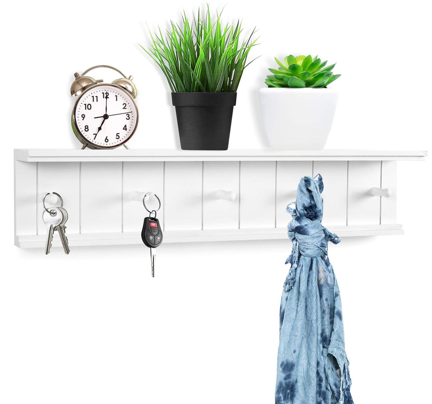 Greenco Entryway Wall Mounted Floating Shelf with Wooden Peg Style Hooks, Hat and Coat Hanging Storage Shelf, 24” – White