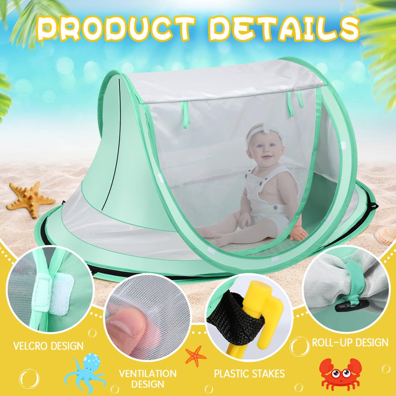 Kapeazo Baby Beach Tent, Large Pop Up Portable Sun Shade with Mosquito Net, Indoor Baby Play Tent for Travel, Beach, UPF 50+ UV Protection Sun Shelters