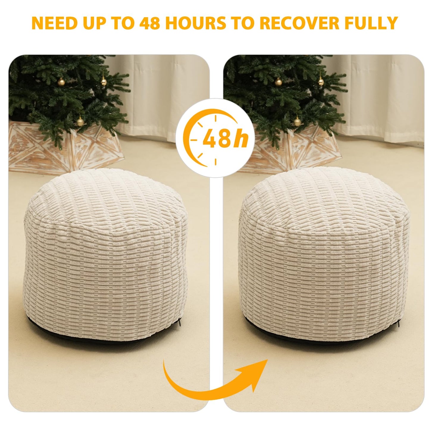 Round Stuffed Pouf Ottoman for Foot Rest, Storage Ottoman Pouf Foot Stool Cushion, Faux Fur Poufs with Foam Chunk Filling, 26 X 18 Inch Floor Chair for Living Room Bedroom Home Decor, Beige